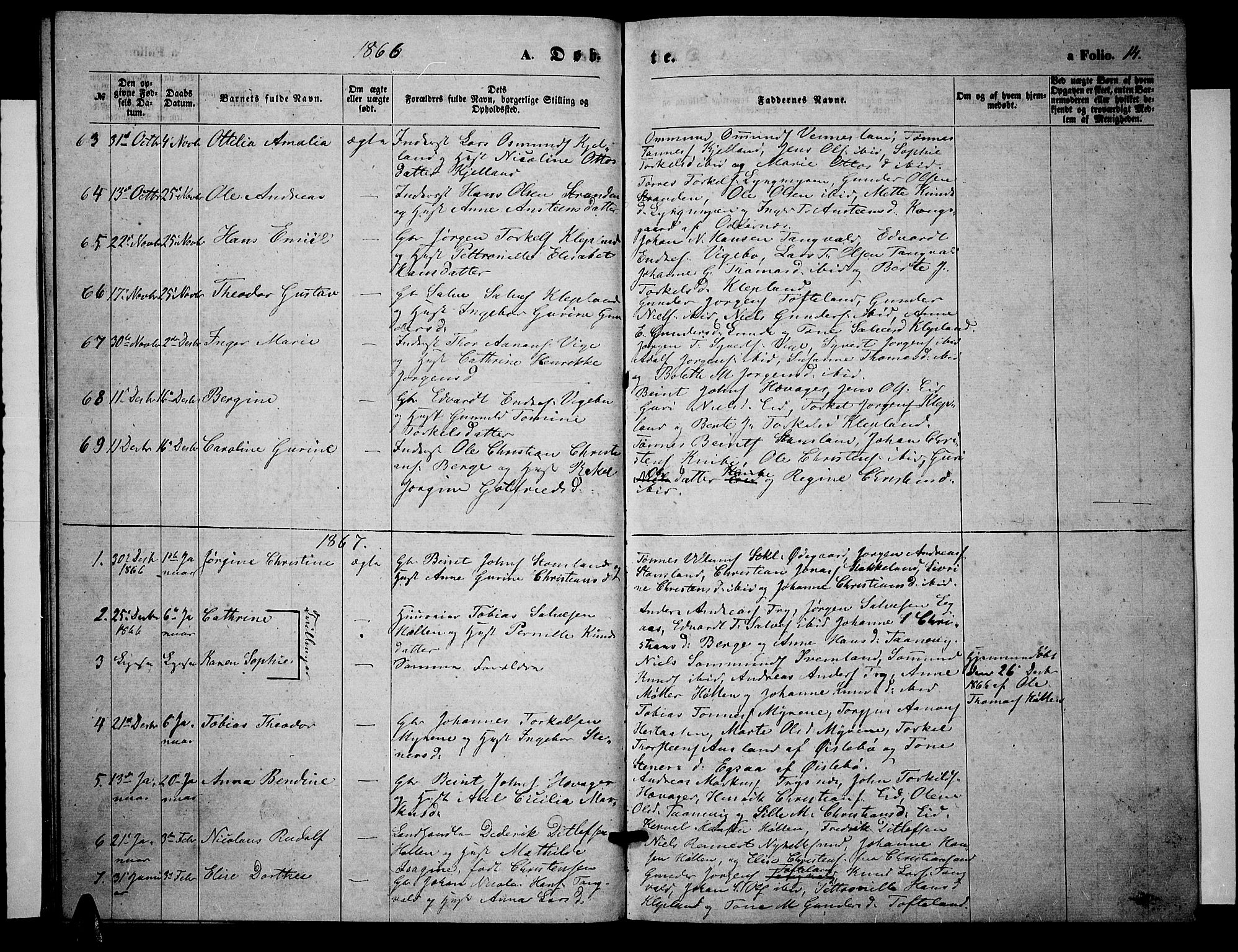 Søgne sokneprestkontor, SAK/1111-0037/F/Fb/Fbb/L0004: Parish register (copy) no. B 4, 1864-1883, p. 14