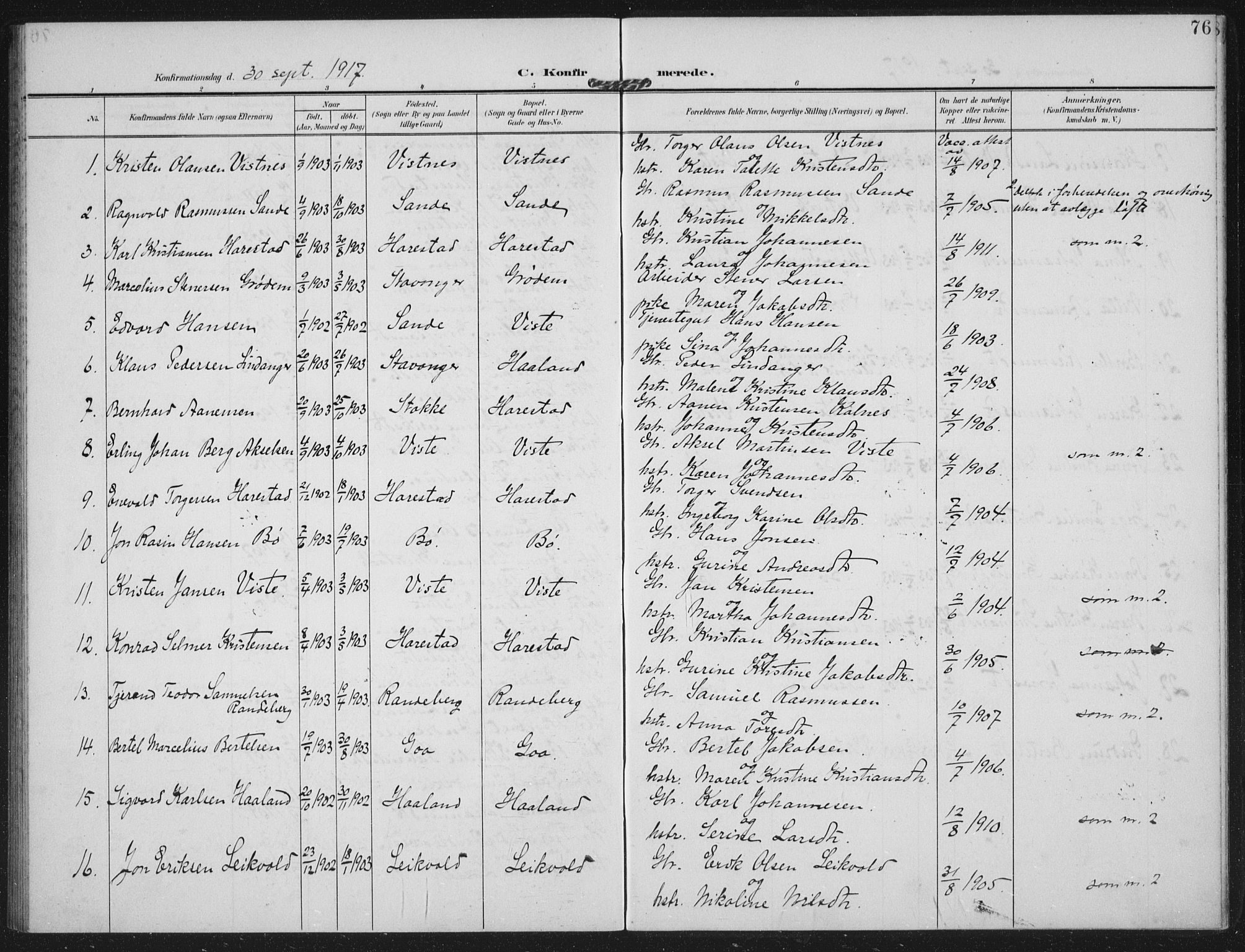 Hetland sokneprestkontor, AV/SAST-A-101826/30/30BA: Parish register (official) no. A 14, 1905-1919, p. 76