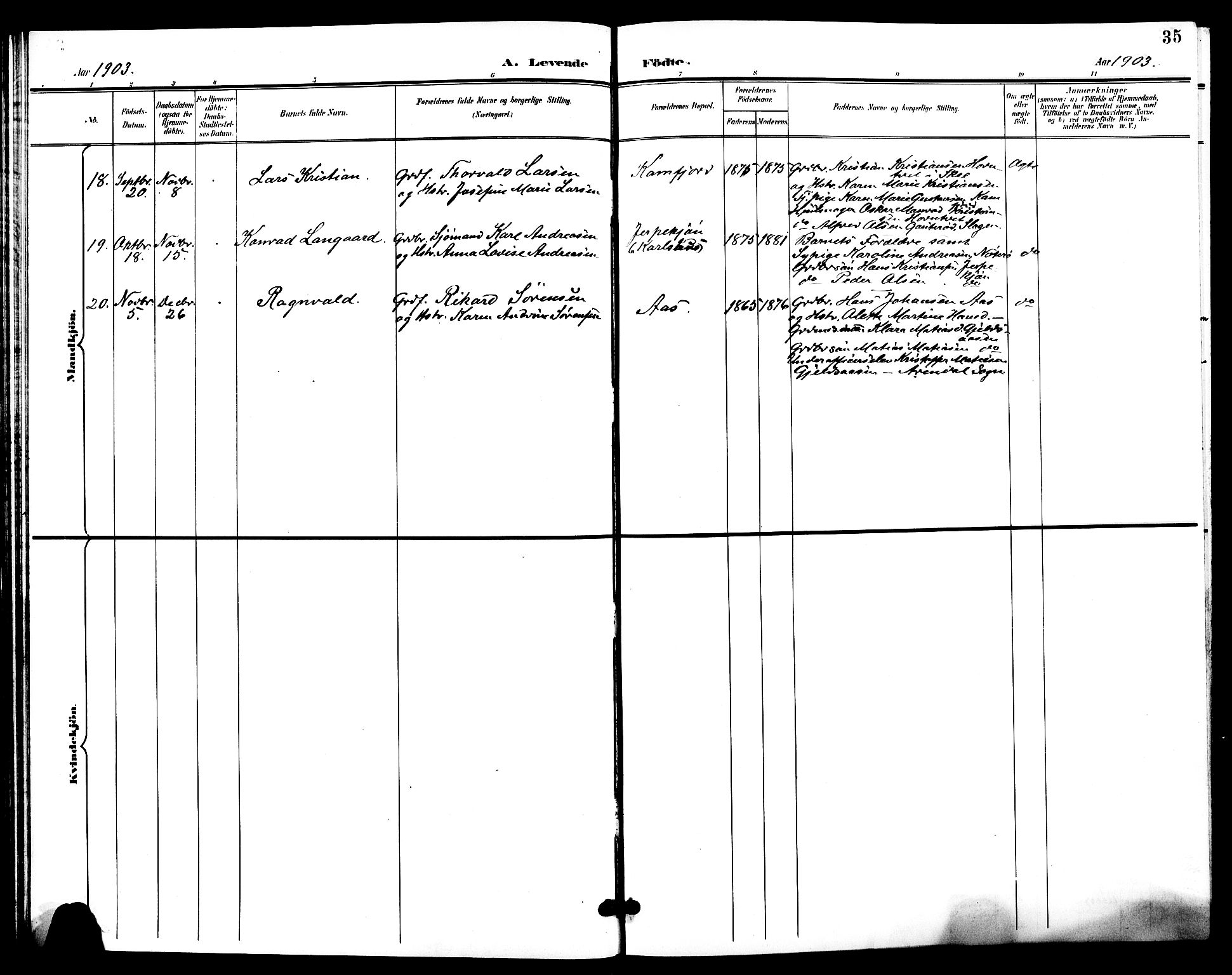 Ramnes kirkebøker, AV/SAKO-A-314/G/Ga/L0004: Parish register (copy) no. I 4, 1896-1911, p. 35