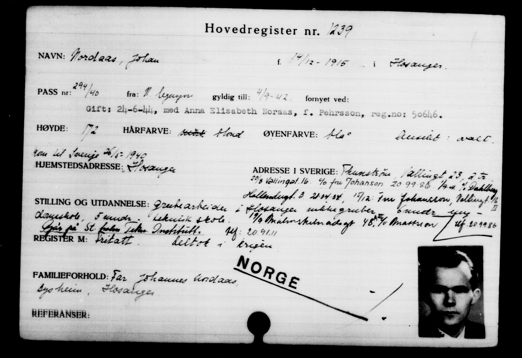 Utenriksstasjonene, Legasjonen i Stockholm, Flyktningkontoret, AV/RA-S-6753/V/Va/L0002: Kjesäterkartoteket, flyktninger med registreringsnr. 1001-2000, 1940-1945, p. 357