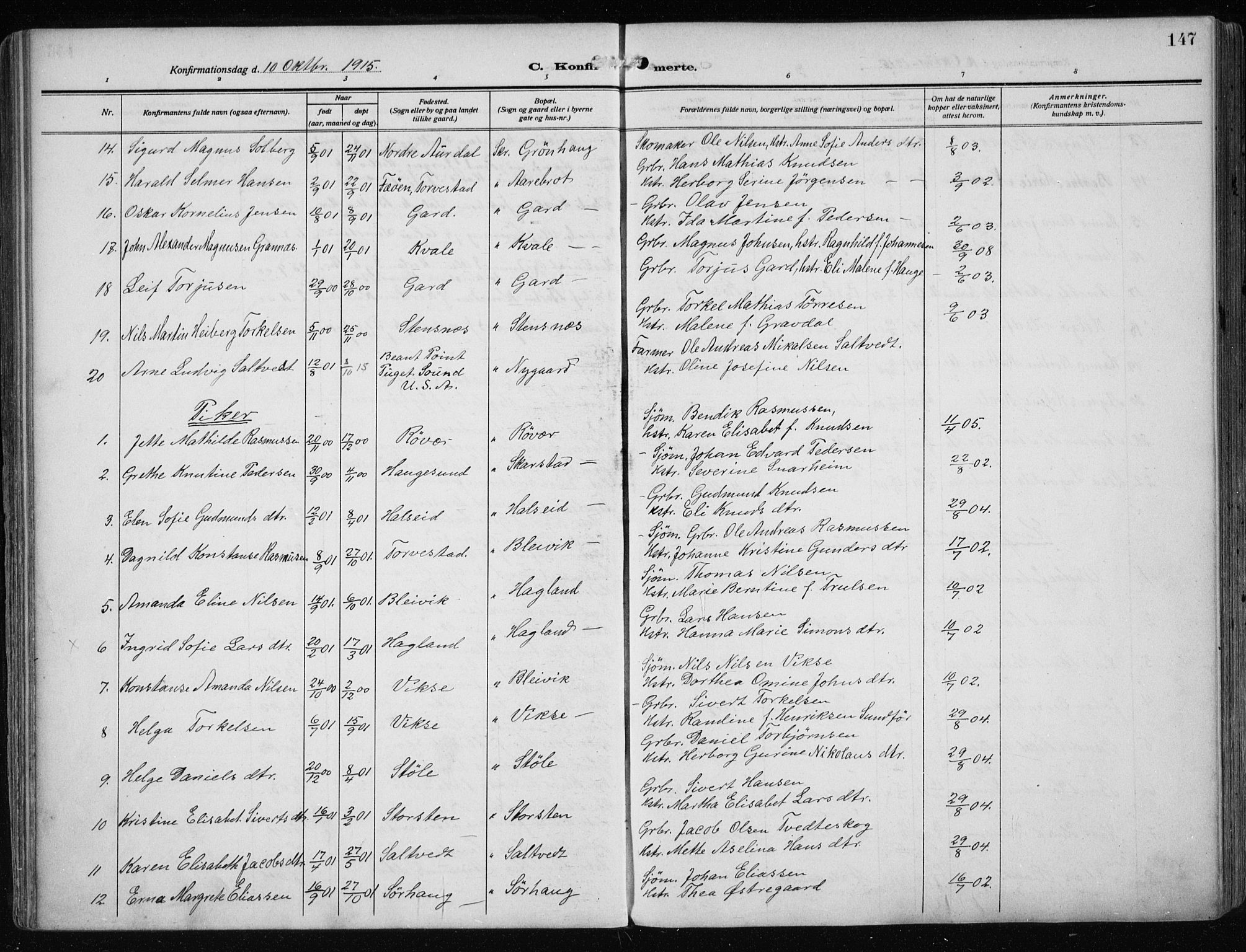 Haugesund sokneprestkontor, SAST/A -101863/H/Ha/Haa/L0010: Parish register (official) no. A 10, 1909-1935, p. 147