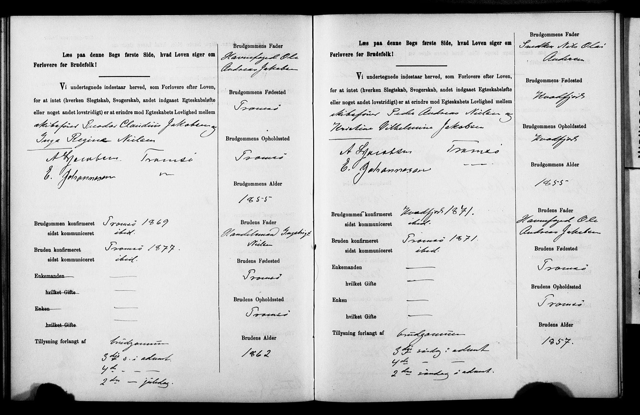 Tromsø sokneprestkontor/stiftsprosti/domprosti, AV/SATØ-S-1343/H/Hc/L0099/0001: Banns register no. 99.1, 1886-1892