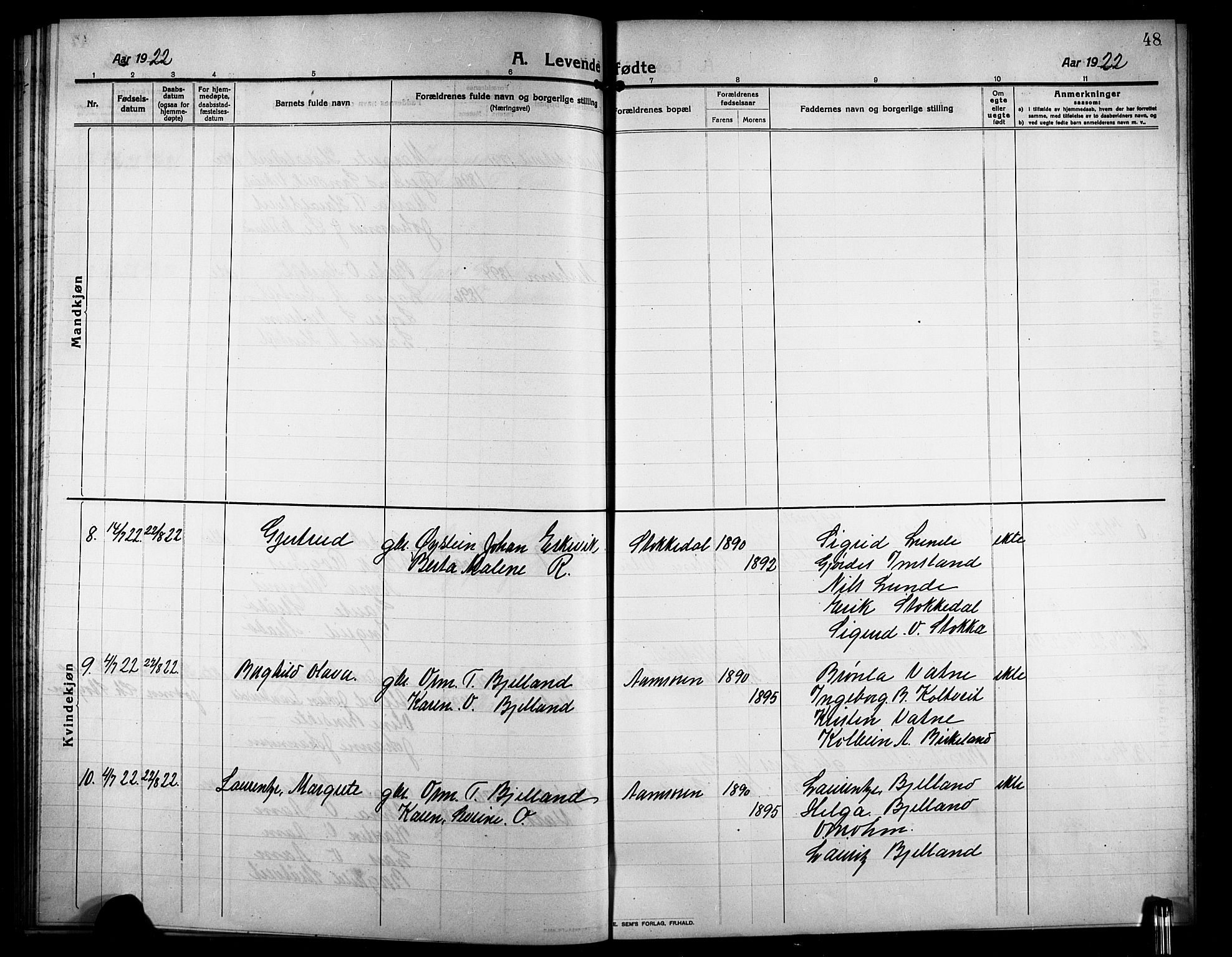 Skjold sokneprestkontor, AV/SAST-A-101847/H/Ha/Hab/L0009: Parish register (copy) no. B 9, 1914-1925, p. 48