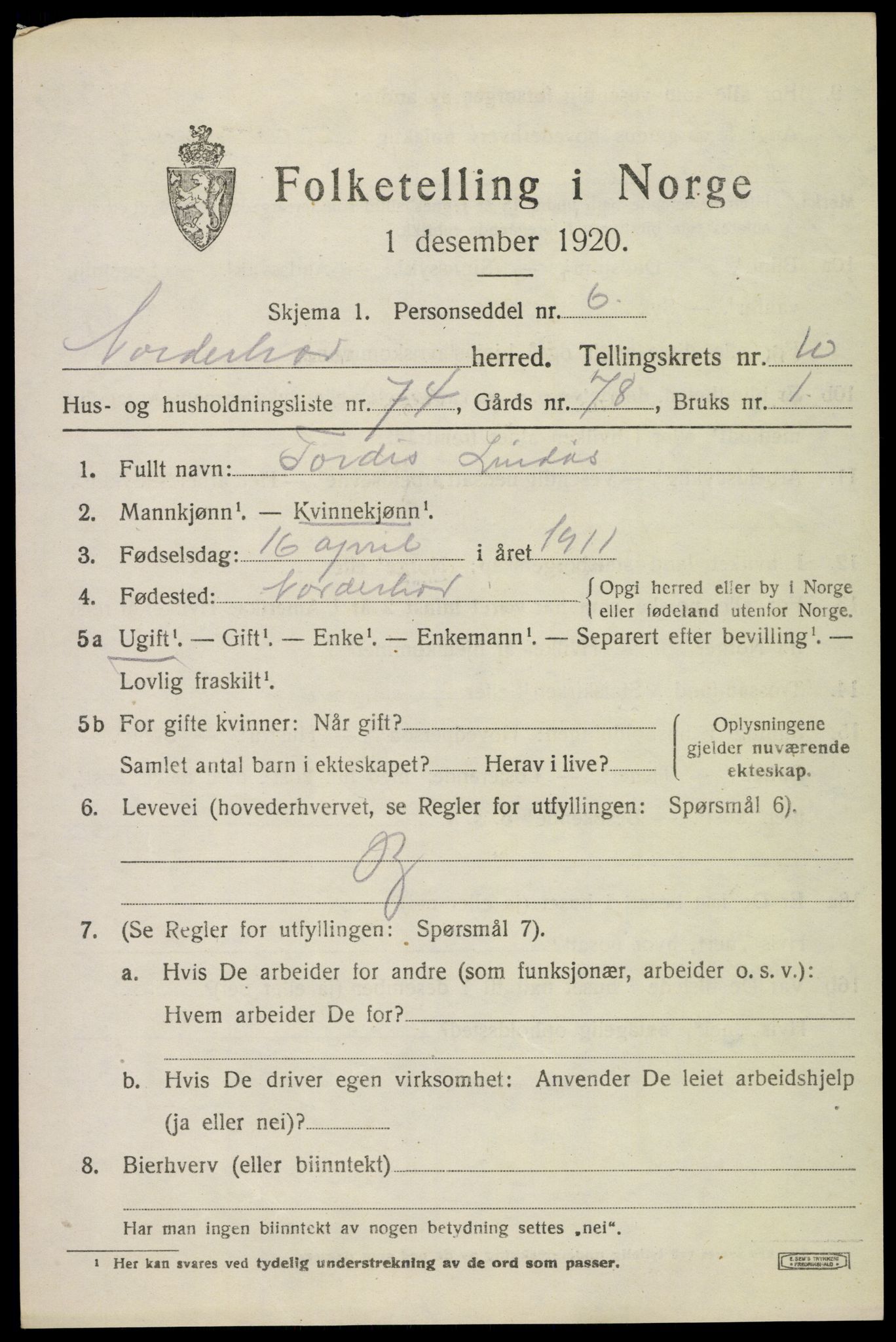 SAKO, 1920 census for Norderhov, 1920, p. 12872