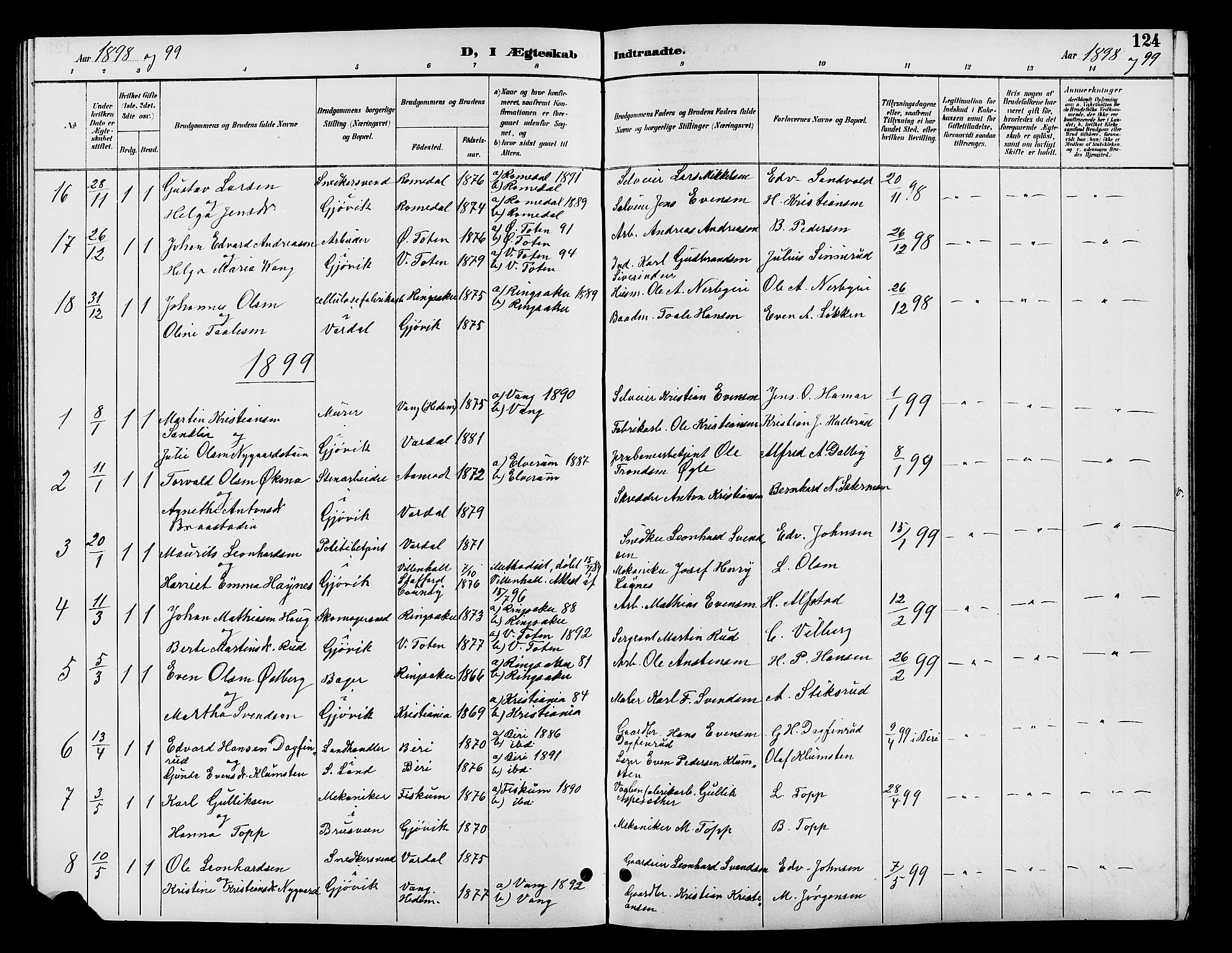 Vardal prestekontor, SAH/PREST-100/H/Ha/Hab/L0009: Parish register (copy) no. 9, 1894-1902, p. 124