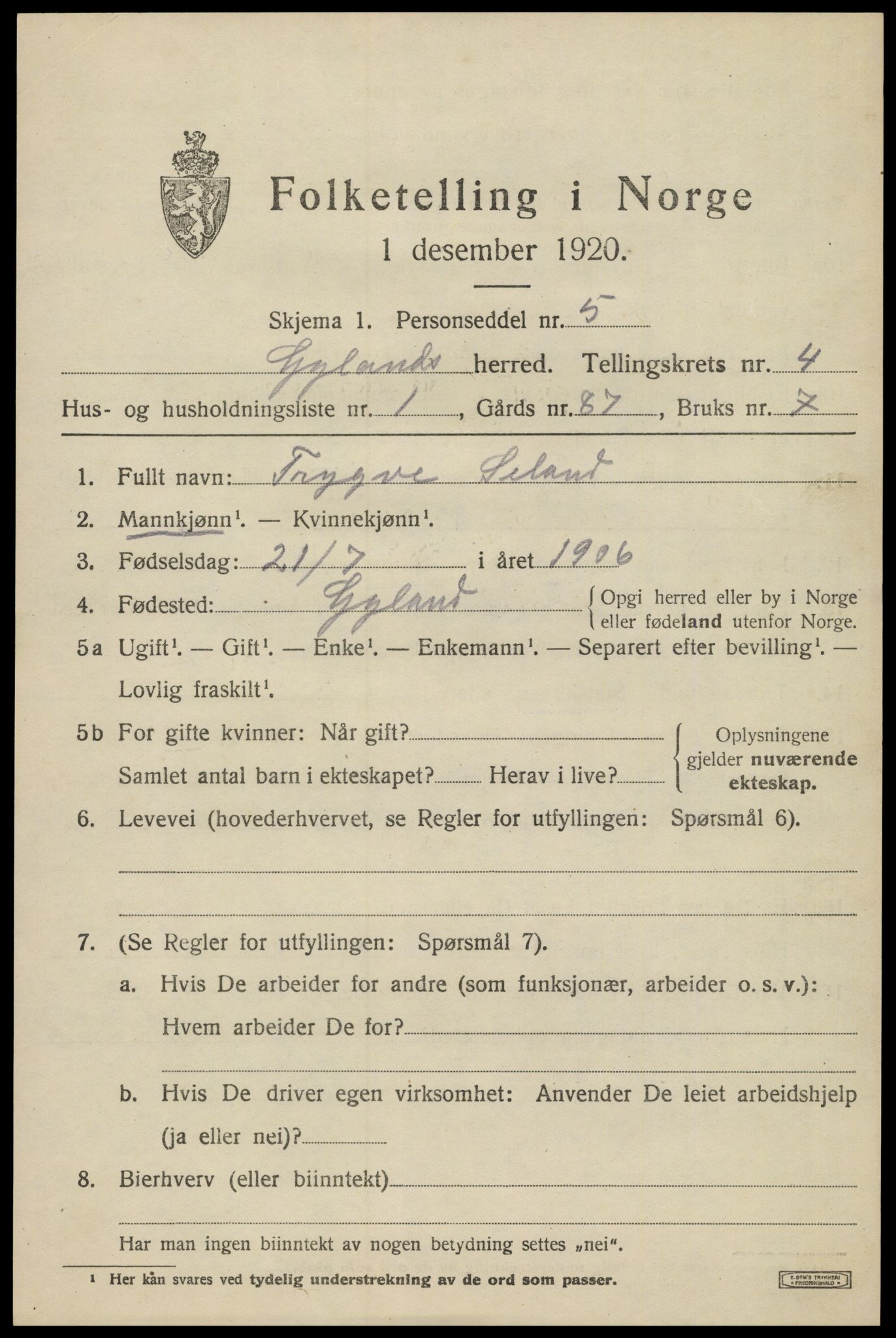SAK, 1920 census for Gyland, 1920, p. 1046