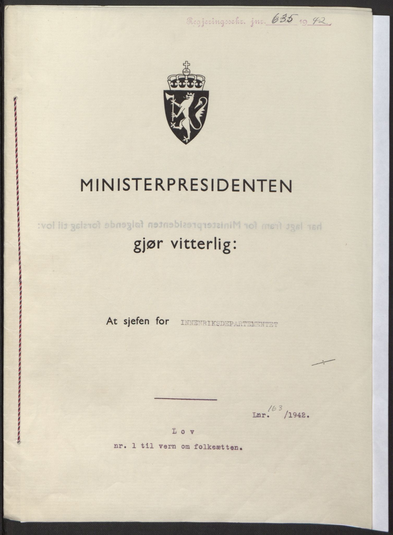 NS-administrasjonen 1940-1945 (Statsrådsekretariatet, de kommisariske statsråder mm), RA/S-4279/D/Db/L0098: Lover II, 1942, p. 231