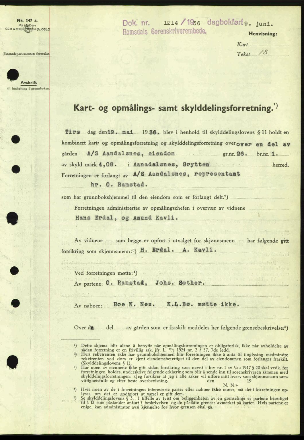 Romsdal sorenskriveri, AV/SAT-A-4149/1/2/2C: Mortgage book no. A1, 1936-1936, Diary no: : 1214/1936