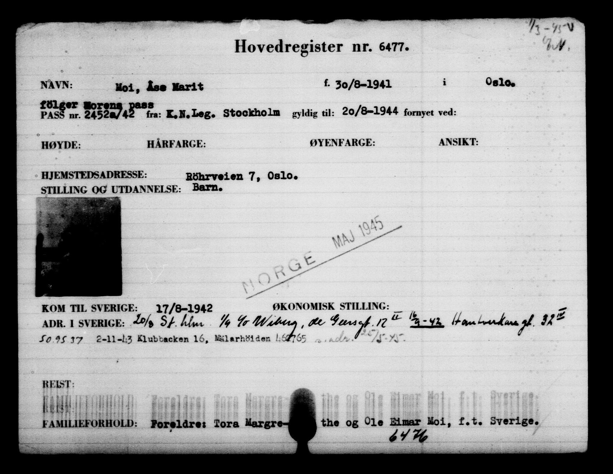 Utenriksstasjonene, Legasjonen i Stockholm, Flyktningkontoret, AV/RA-S-6753/V/Va/L0004: Kjesäterkartoteket, flyktninger med registreringsnr. 3496-6610, 1940-1945, p. 3530