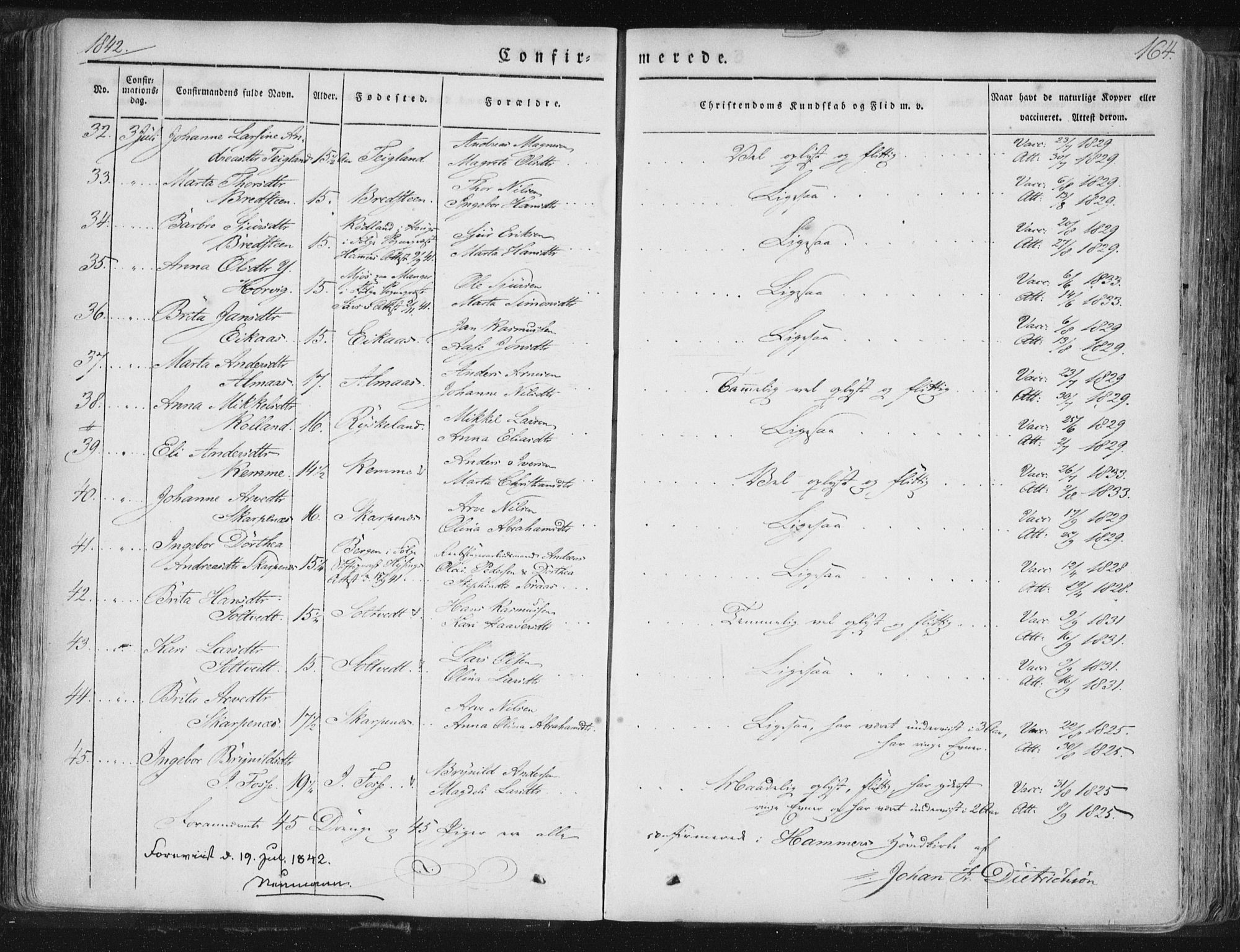 Hamre sokneprestembete, SAB/A-75501/H/Ha/Haa/Haaa/L0012: Parish register (official) no. A 12, 1834-1845, p. 164