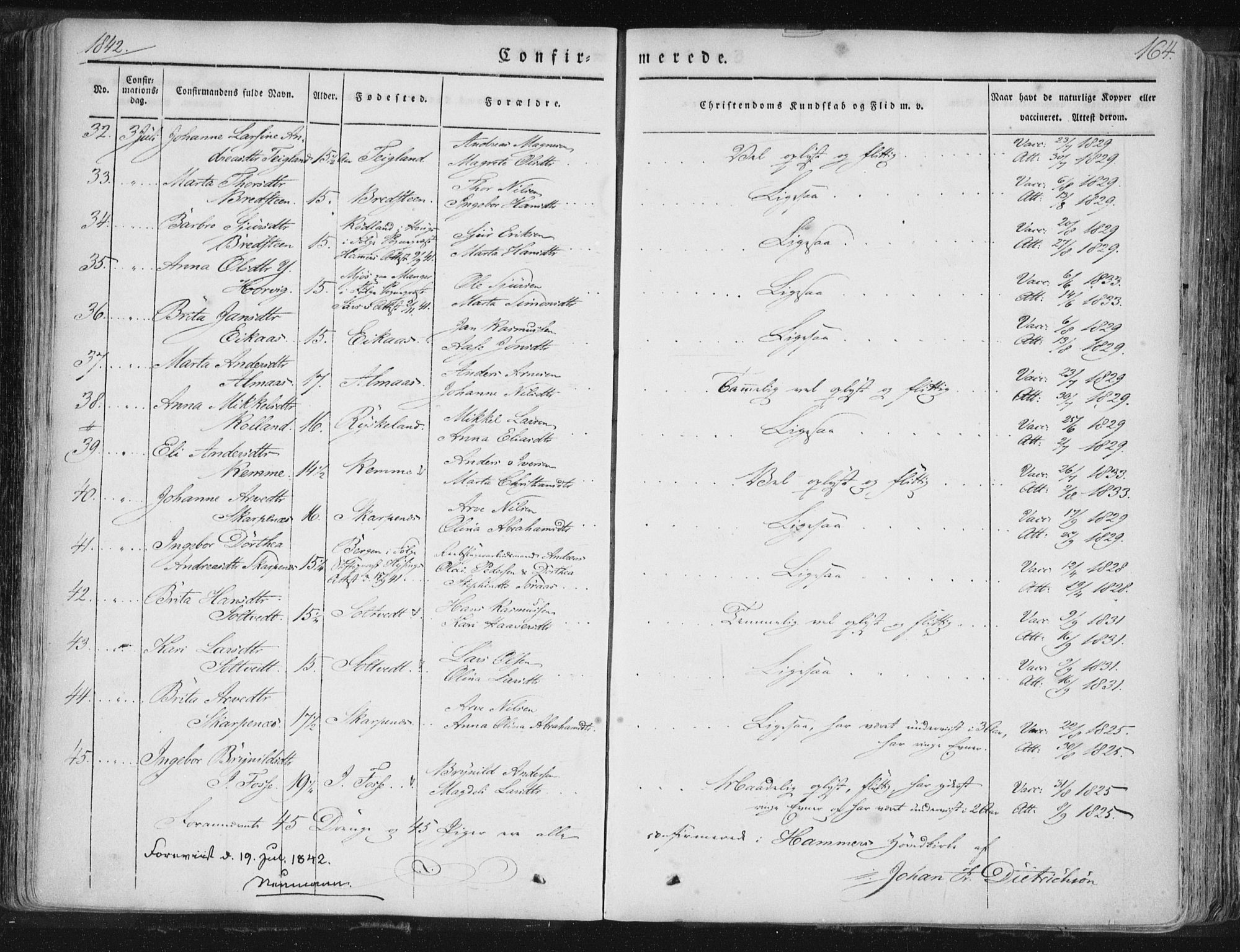 Hamre sokneprestembete, AV/SAB-A-75501/H/Ha/Haa/Haaa/L0012: Parish register (official) no. A 12, 1834-1845, p. 164