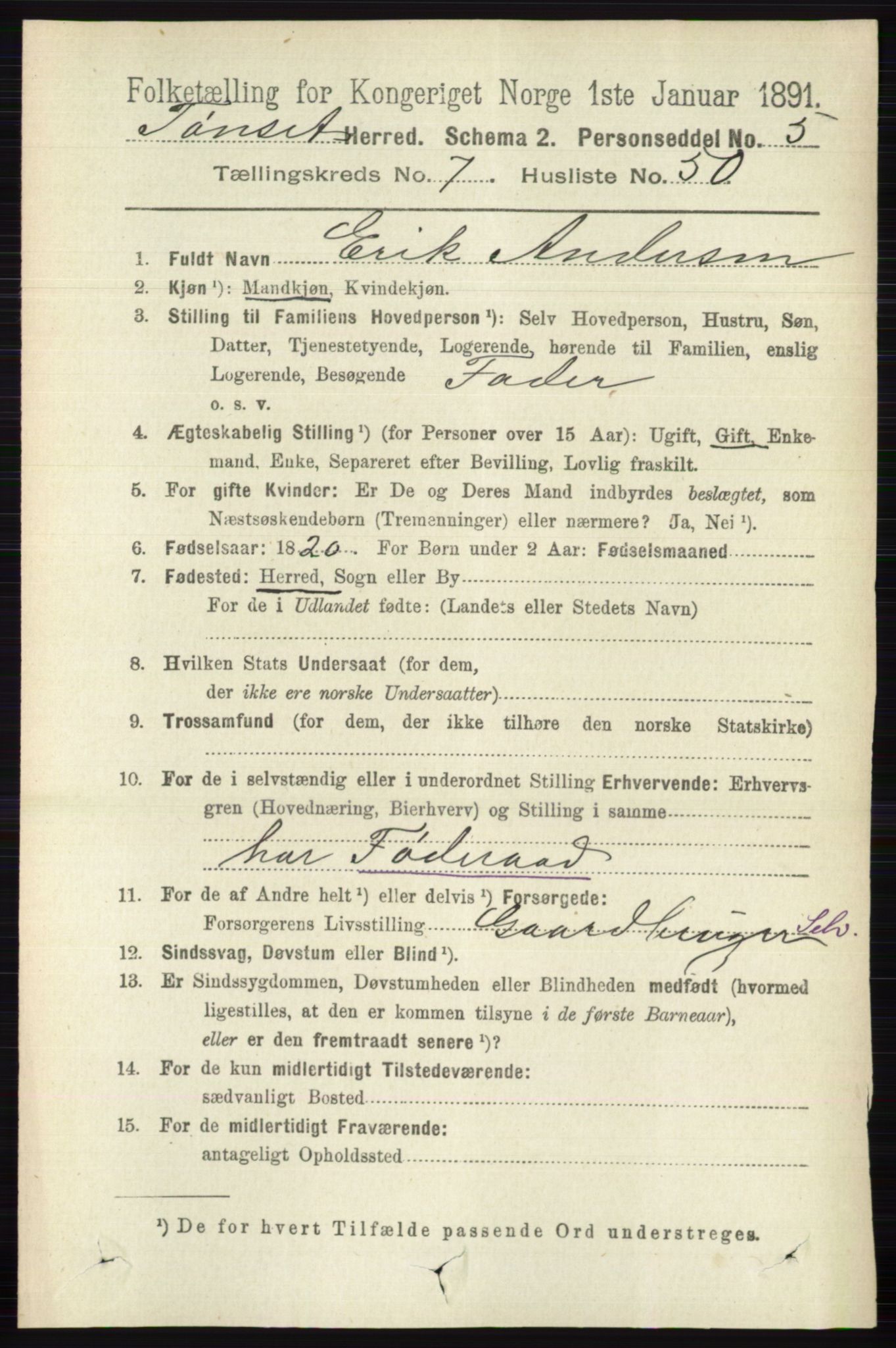 RA, 1891 census for 0437 Tynset, 1891, p. 2025