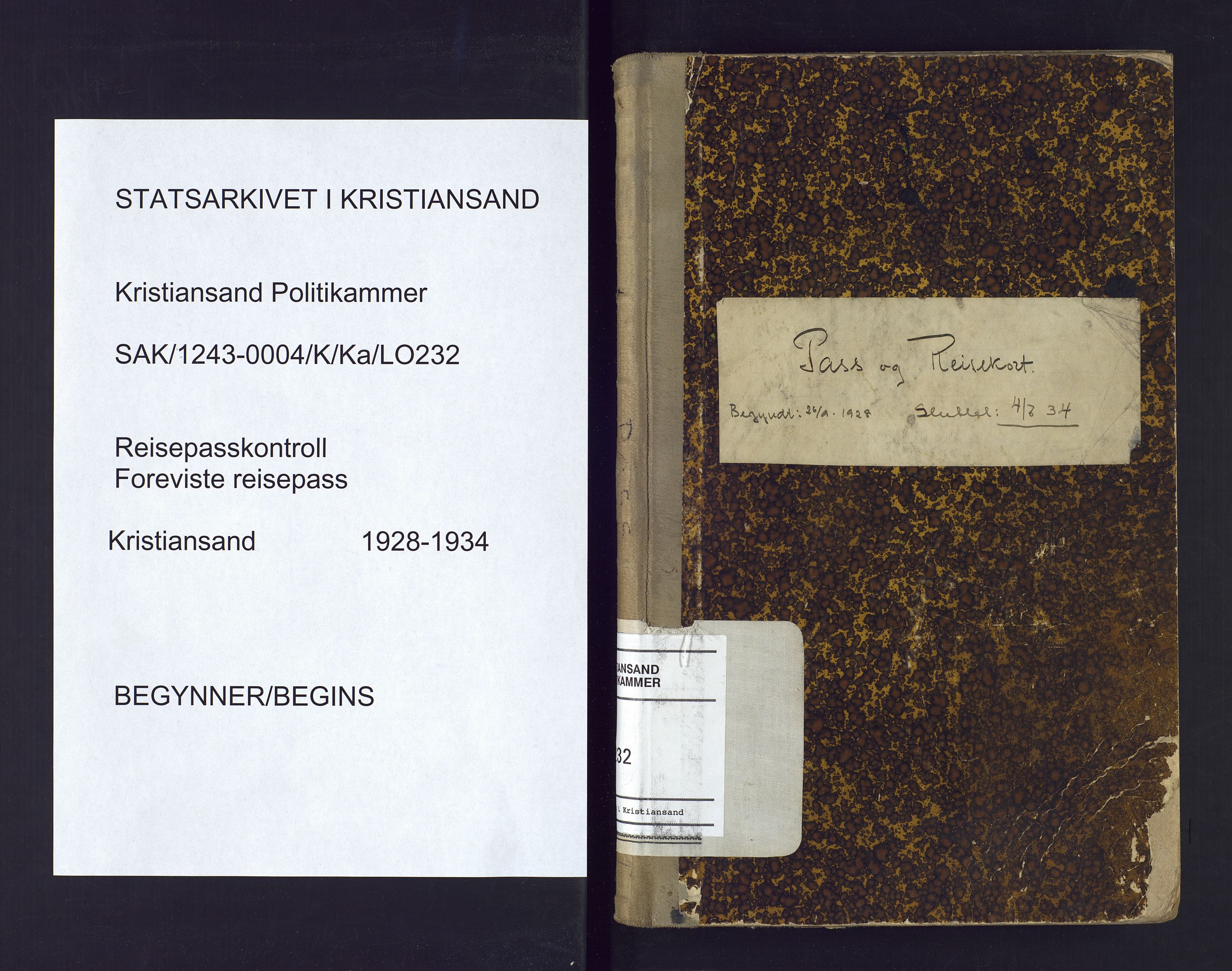 Kristiansand politikammer, SAK/1243-0004/K/Ka/L0232: Passprotokoll foreviste reisepass, 1928-1934, p. 1