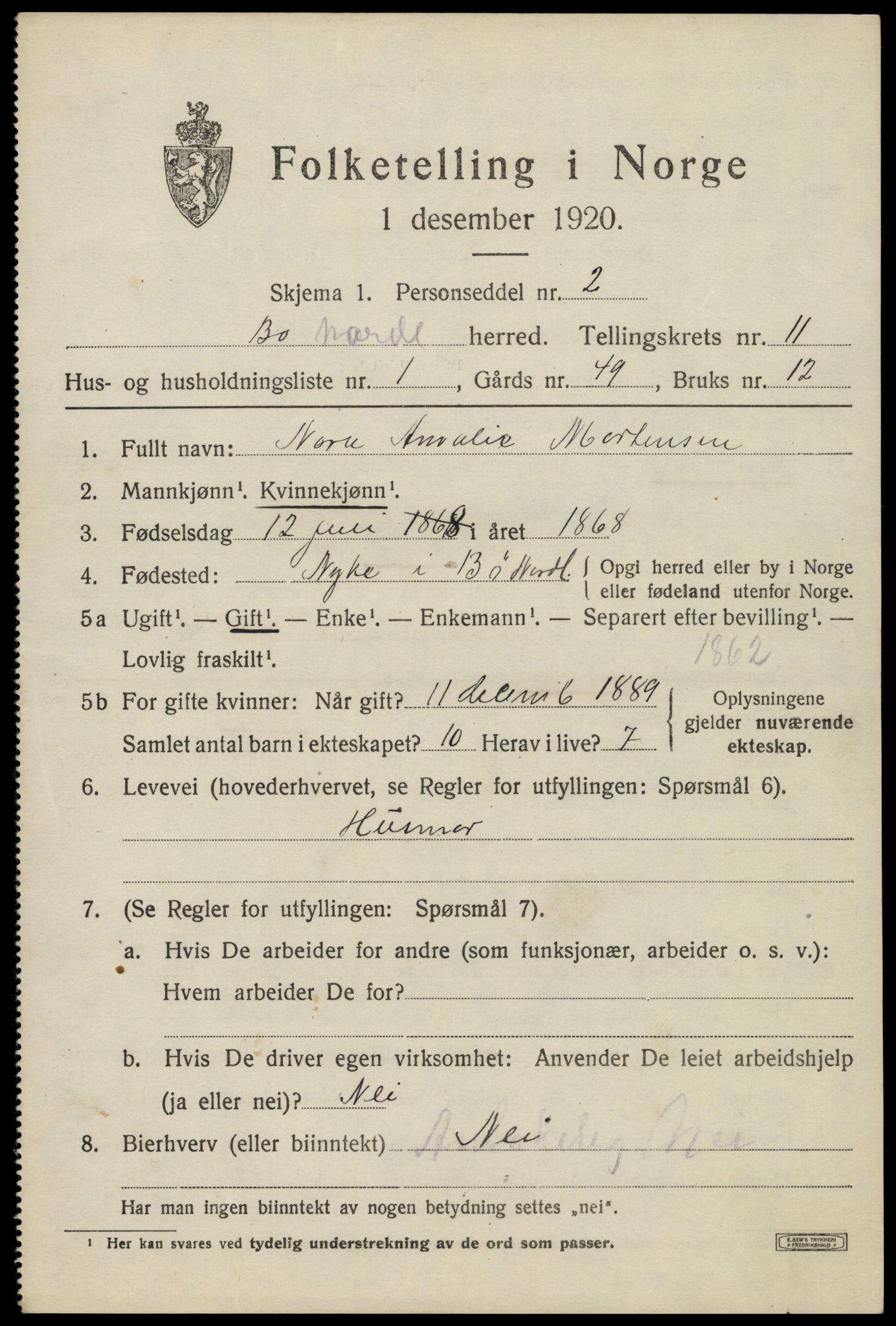 SAT, 1920 census for Bø, 1920, p. 9986