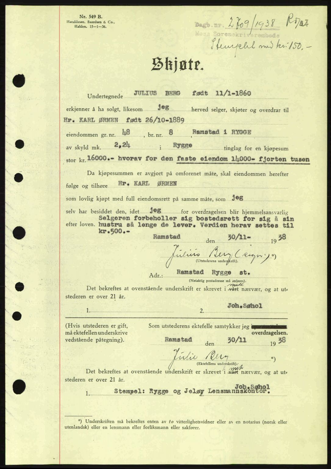 Moss sorenskriveri, SAO/A-10168: Mortgage book no. A5, 1938-1939, Diary no: : 2709/1938