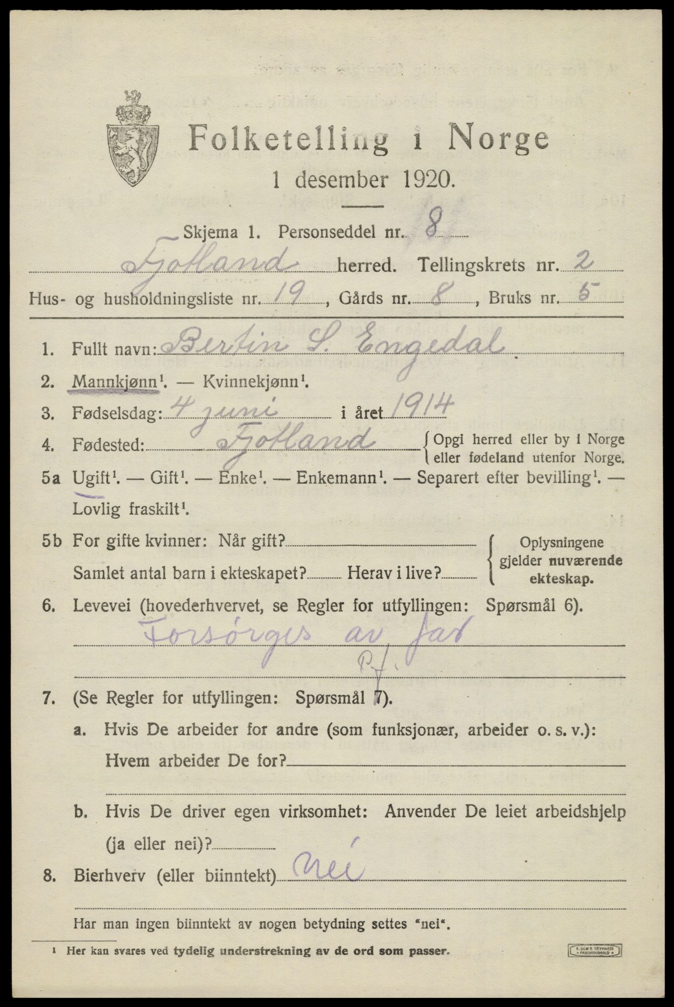 SAK, 1920 census for Fjotland, 1920, p. 890