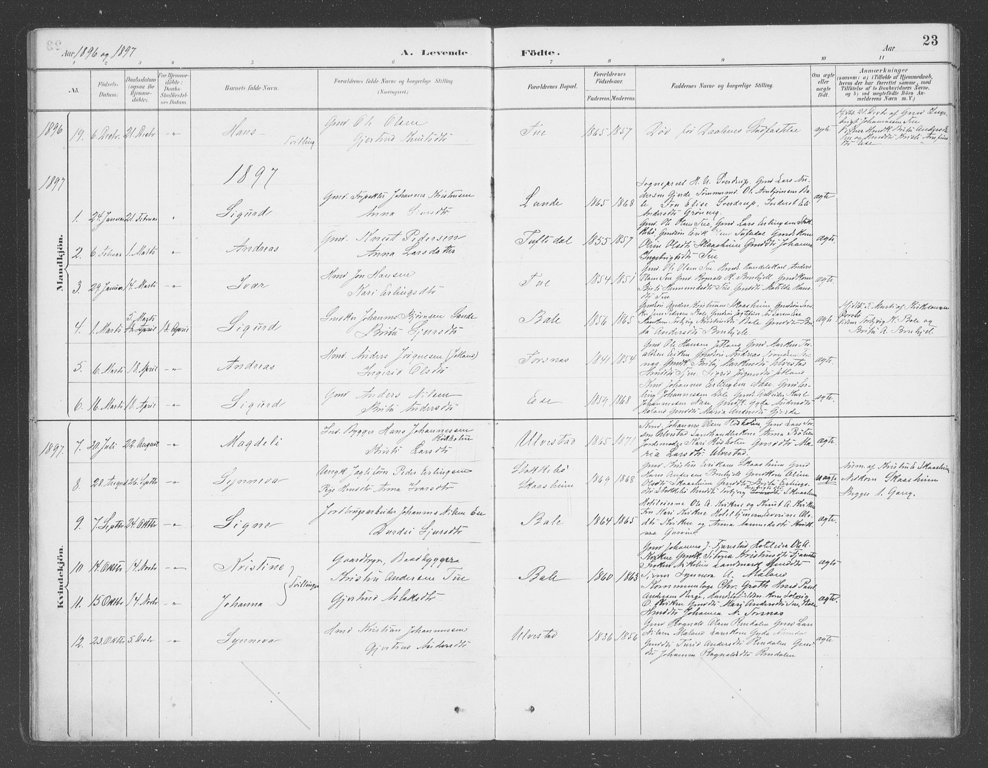 Balestrand sokneprestembete, AV/SAB-A-79601/H/Haa/Haab/L0001: Parish register (official) no. B  1, 1889-1910, p. 23