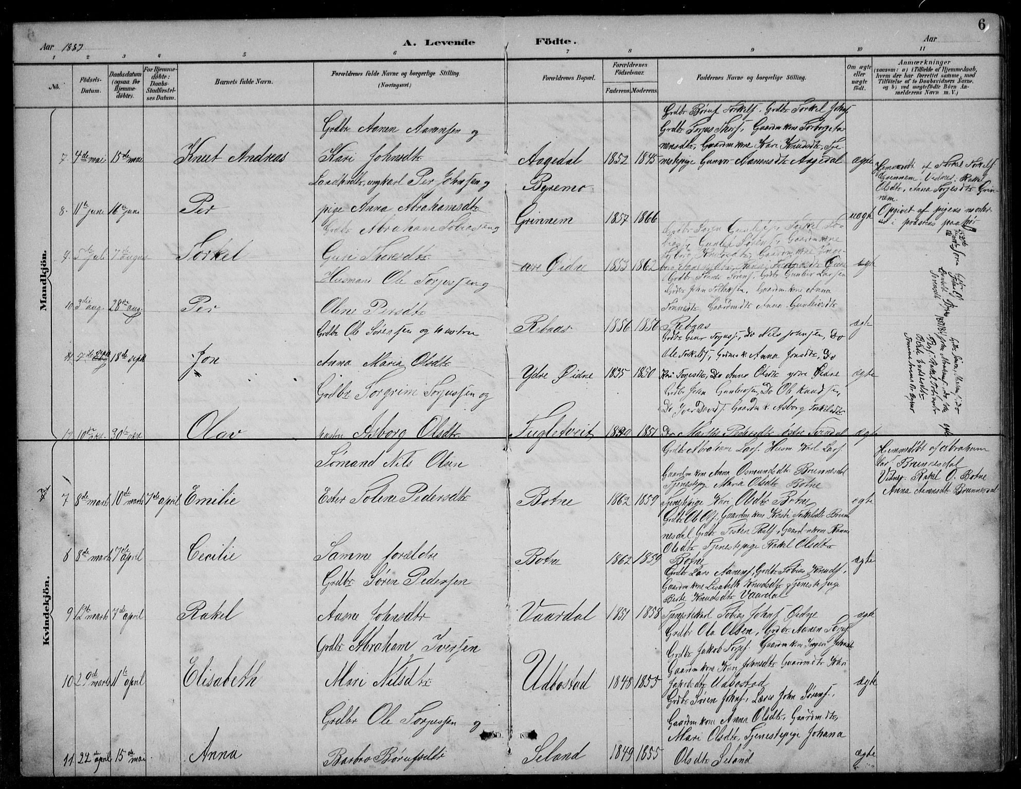Bjelland sokneprestkontor, SAK/1111-0005/F/Fb/Fbc/L0003: Parish register (copy) no. B 3, 1887-1924, p. 6