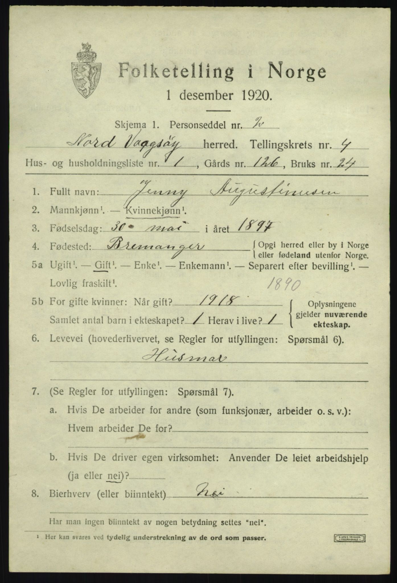 SAB, 1920 census for Nord-Vågsøy, 1920, p. 1444