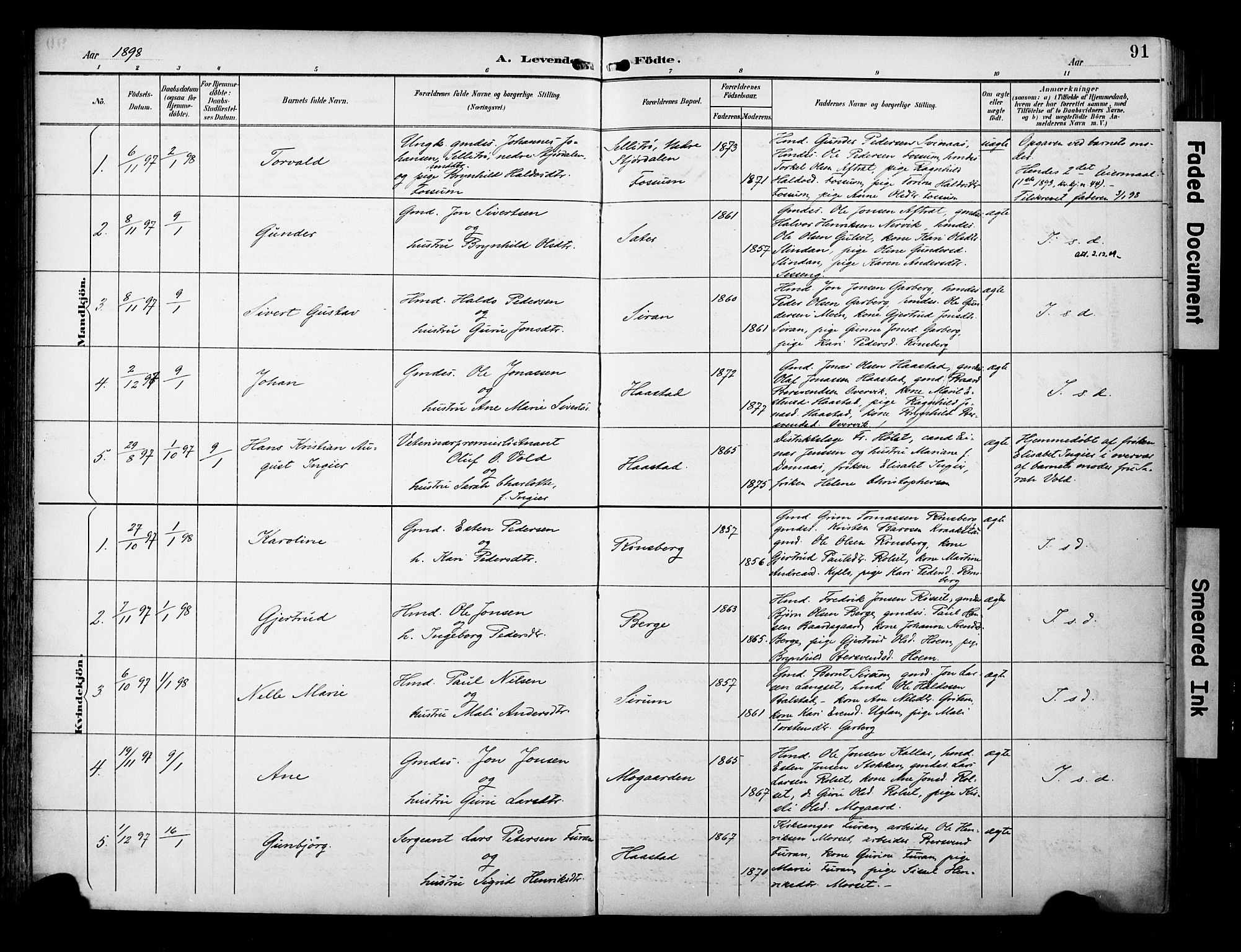 Ministerialprotokoller, klokkerbøker og fødselsregistre - Sør-Trøndelag, SAT/A-1456/695/L1149: Parish register (official) no. 695A09, 1891-1902, p. 91