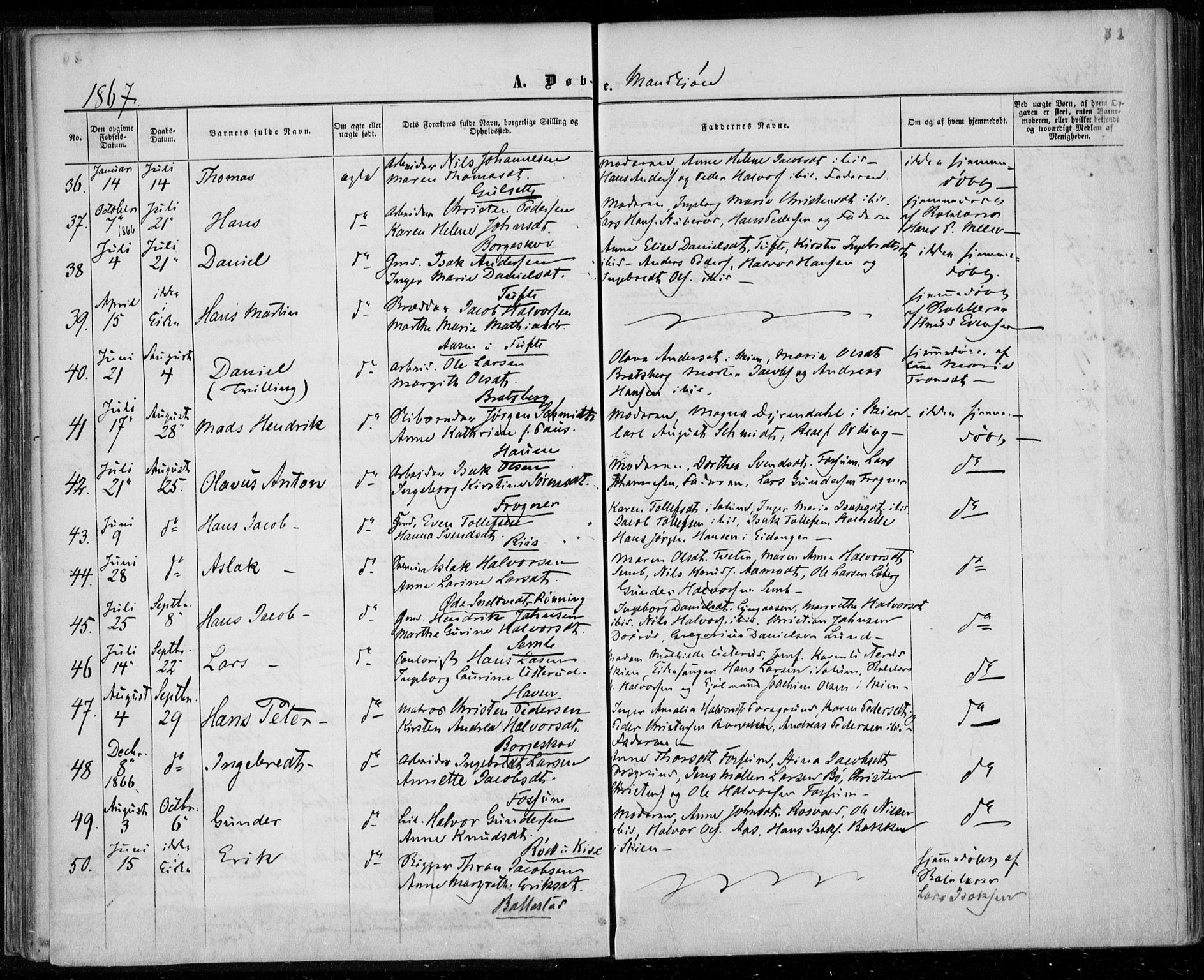 Gjerpen kirkebøker, SAKO/A-265/F/Fa/L0008a: Parish register (official) no. I 8A, 1857-1871, p. 51