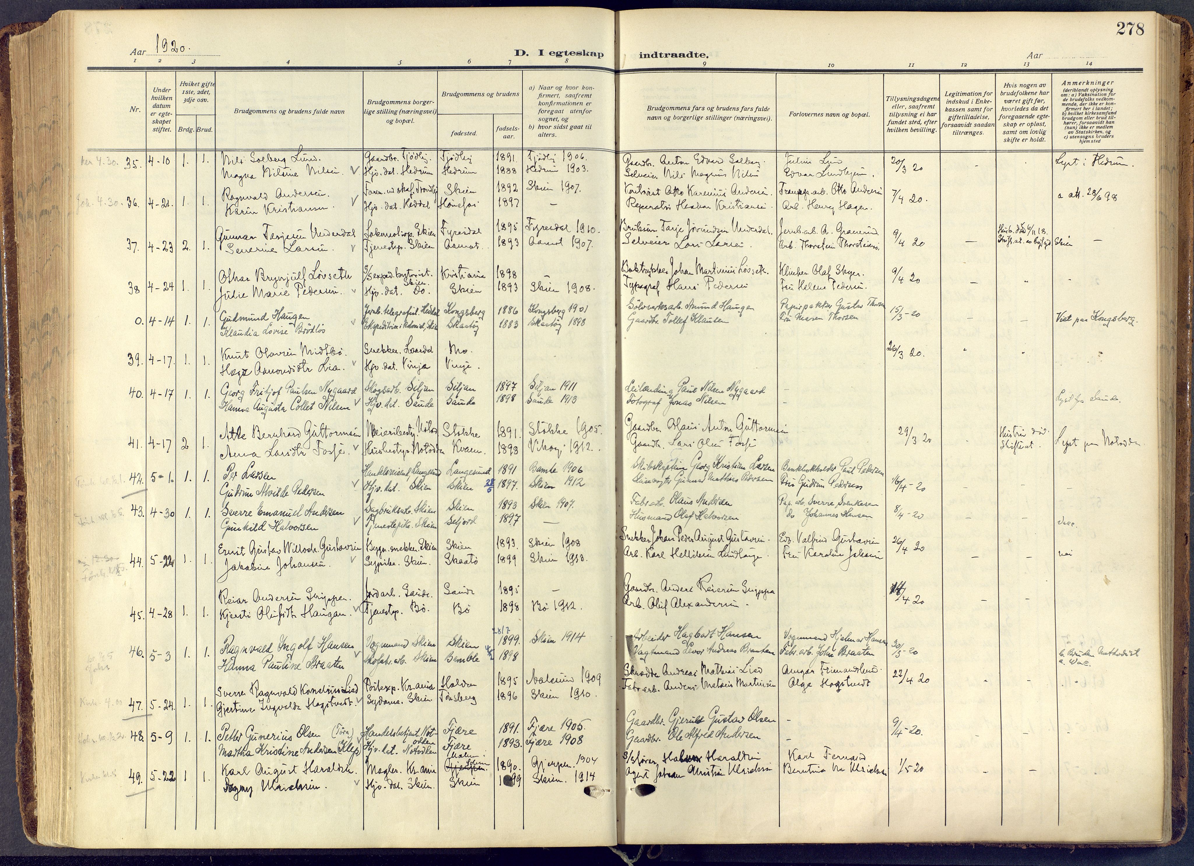 Skien kirkebøker, AV/SAKO-A-302/F/Fa/L0013: Parish register (official) no. 13, 1915-1921, p. 278