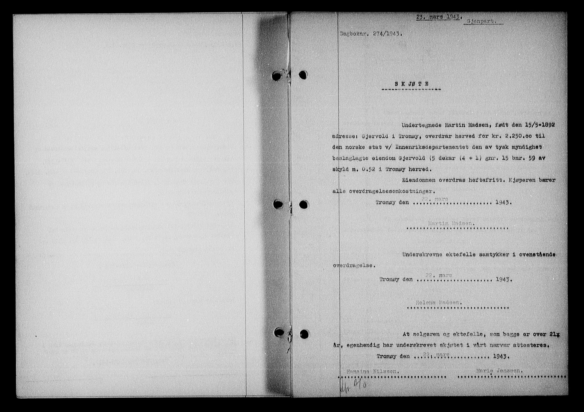 Nedenes sorenskriveri, SAK/1221-0006/G/Gb/Gba/L0050: Mortgage book no. A-IV, 1942-1943, Diary no: : 274/1943