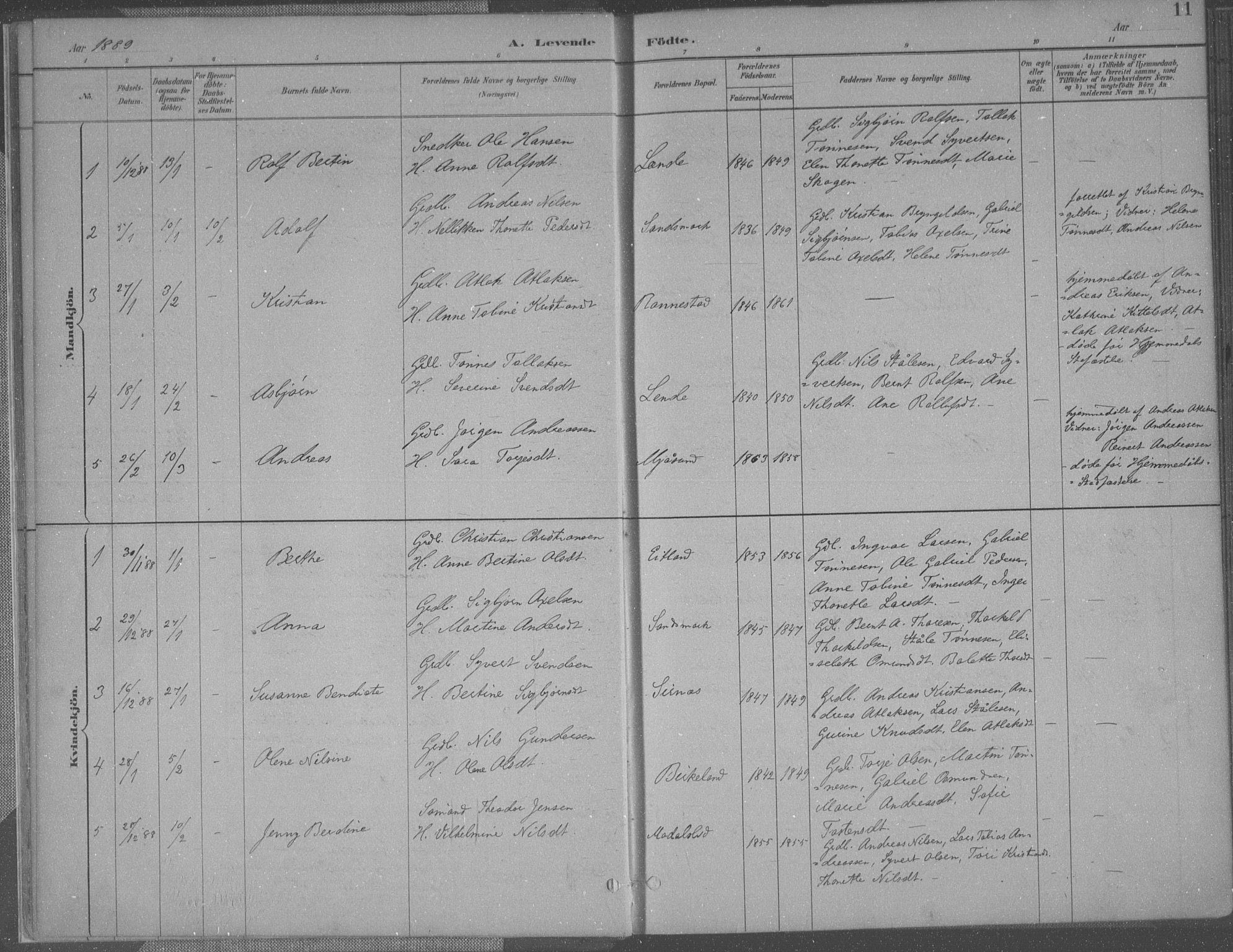 Bakke sokneprestkontor, SAK/1111-0002/F/Fa/Faa/L0008: Parish register (official) no. A 8, 1887-1911, p. 11