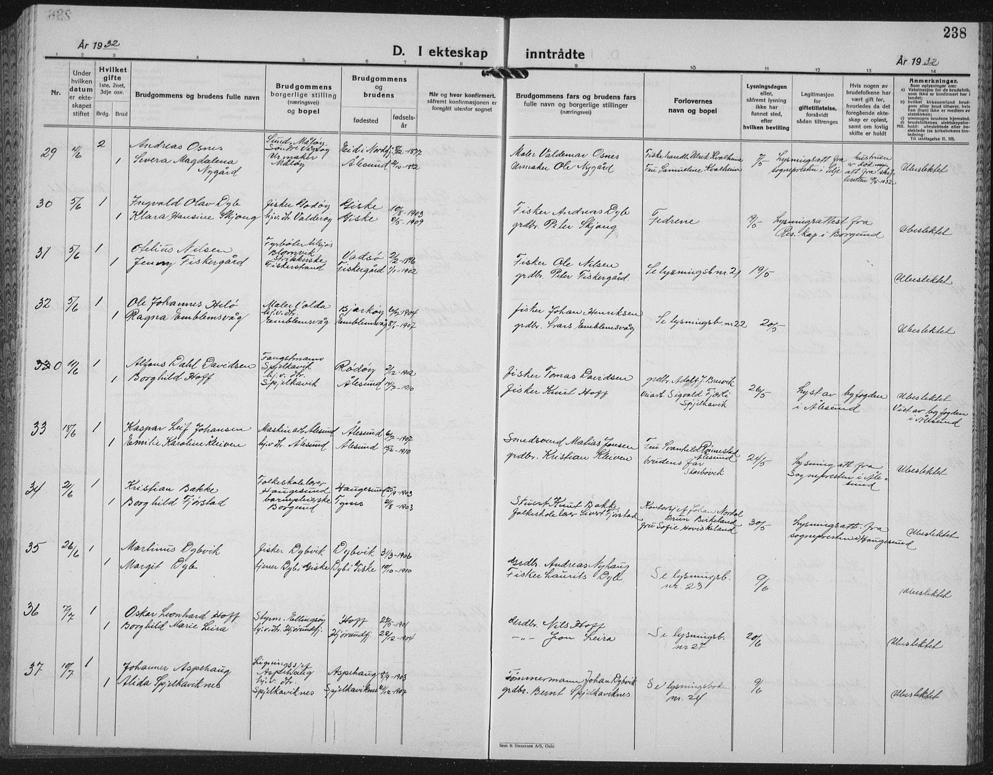 Ministerialprotokoller, klokkerbøker og fødselsregistre - Møre og Romsdal, AV/SAT-A-1454/528/L0436: Parish register (copy) no. 528C17, 1927-1939, p. 238