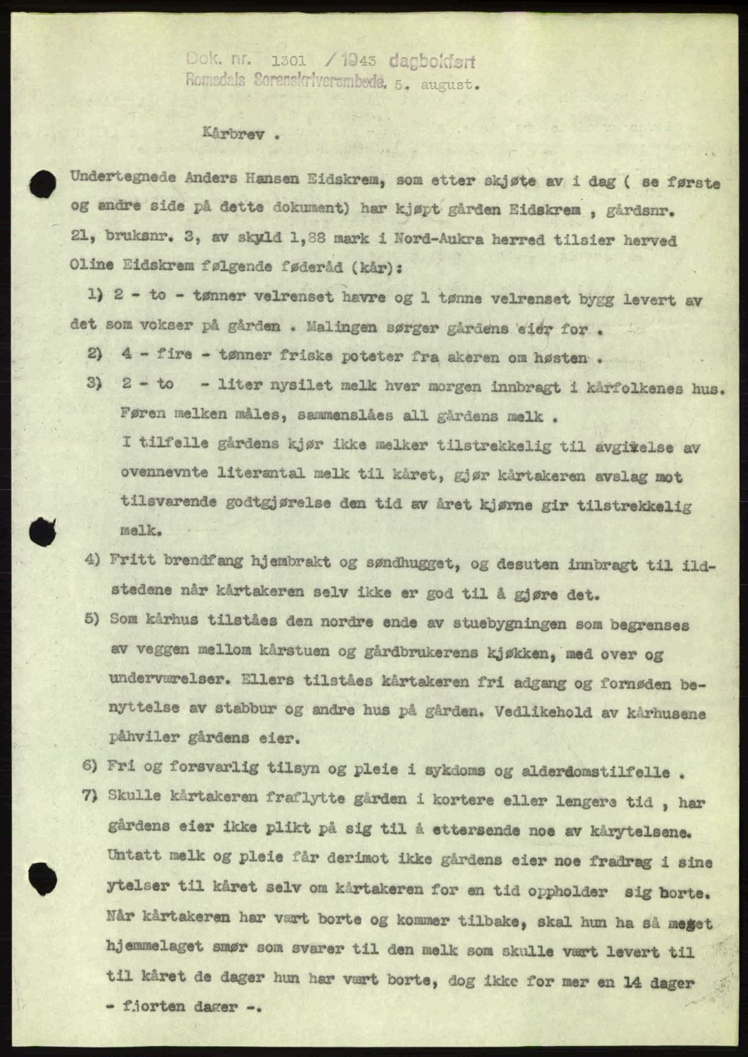 Romsdal sorenskriveri, AV/SAT-A-4149/1/2/2C: Mortgage book no. A14, 1943-1943, Diary no: : 1301/1943