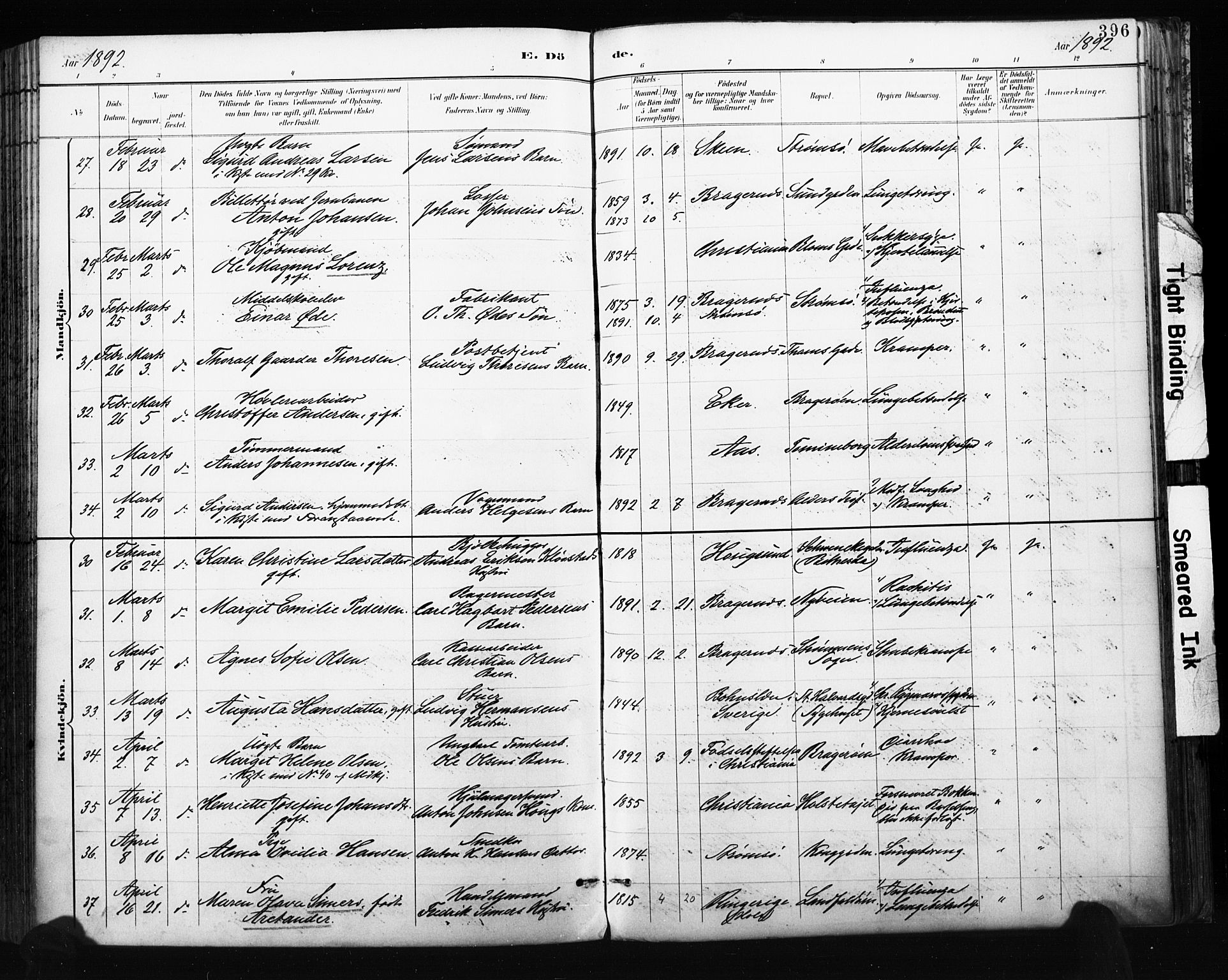 Bragernes kirkebøker, AV/SAKO-A-6/F/Fb/L0007: Parish register (official) no. II 7, 1885-1893, p. 396