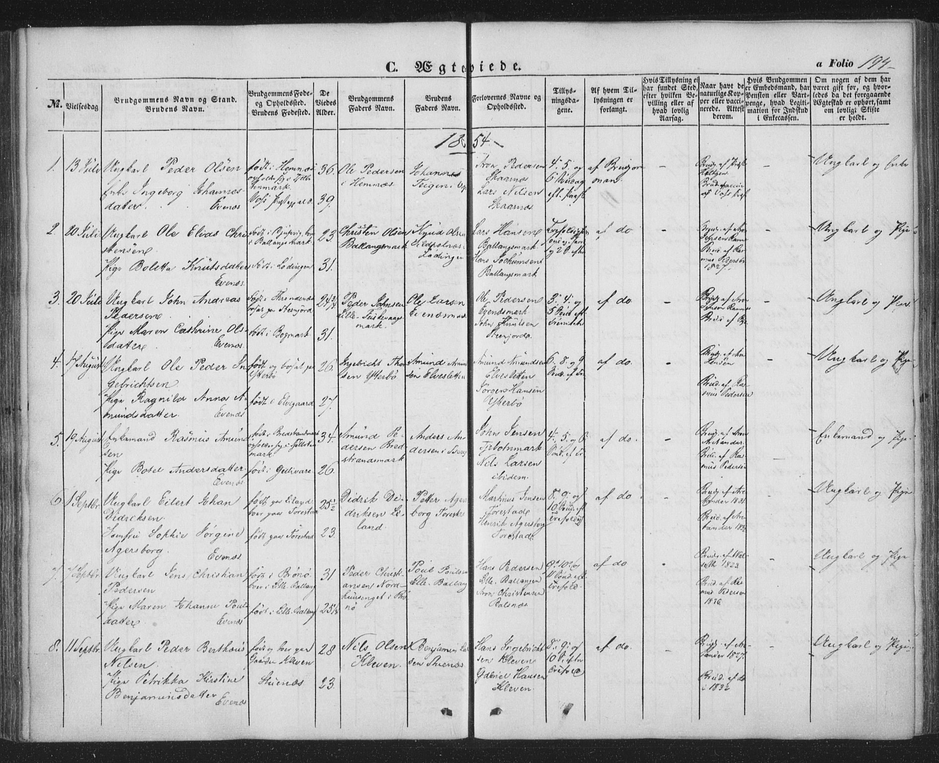 Ministerialprotokoller, klokkerbøker og fødselsregistre - Nordland, SAT/A-1459/863/L0895: Parish register (official) no. 863A07, 1851-1860, p. 194
