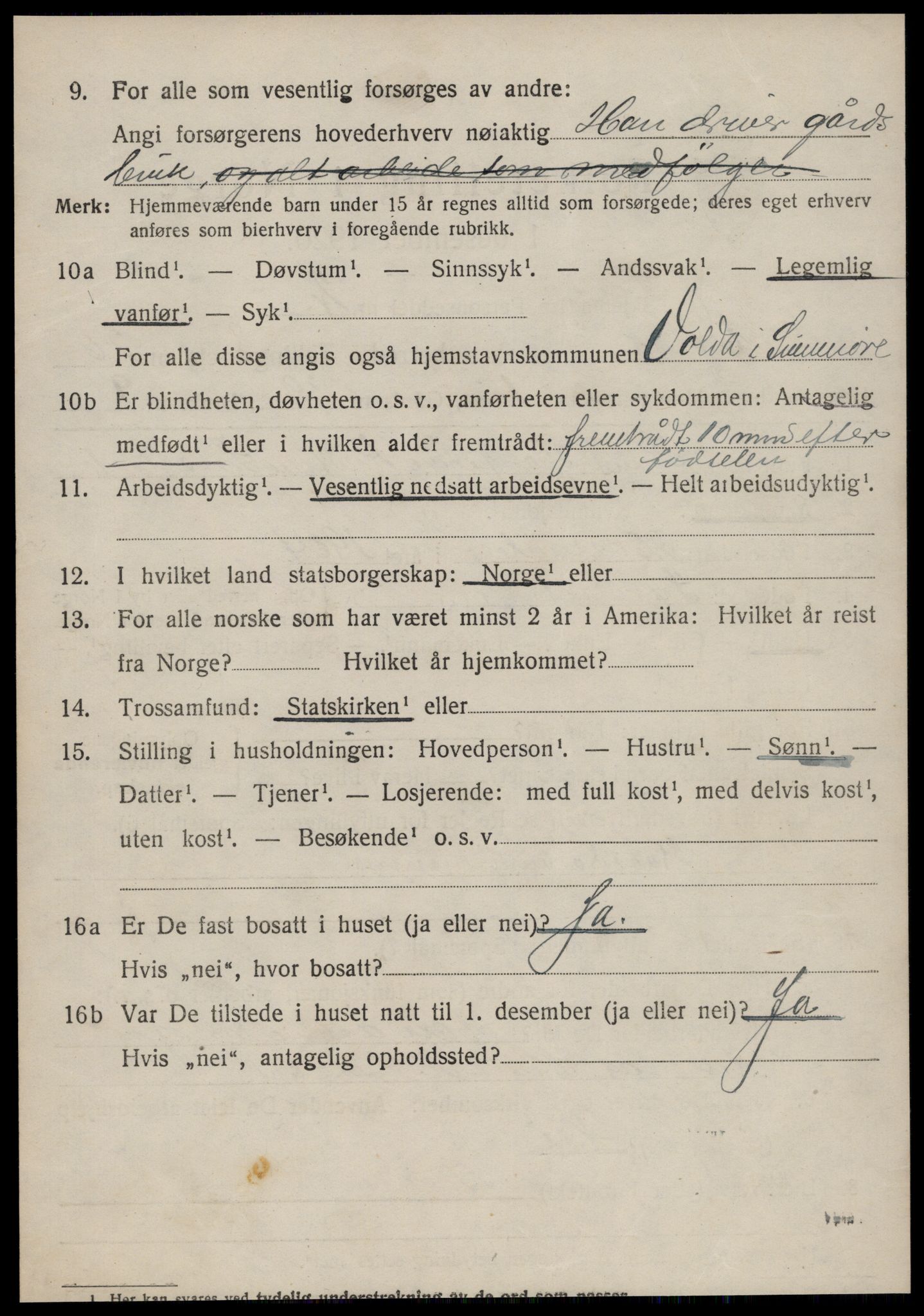 SAT, 1920 census for Volda, 1920, p. 12391