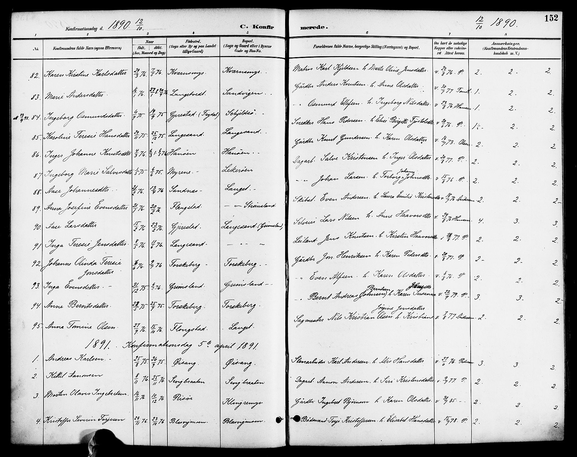 Søndeled sokneprestkontor, SAK/1111-0038/F/Fa/L0005: Parish register (official) no. A 5, 1889-1899, p. 152
