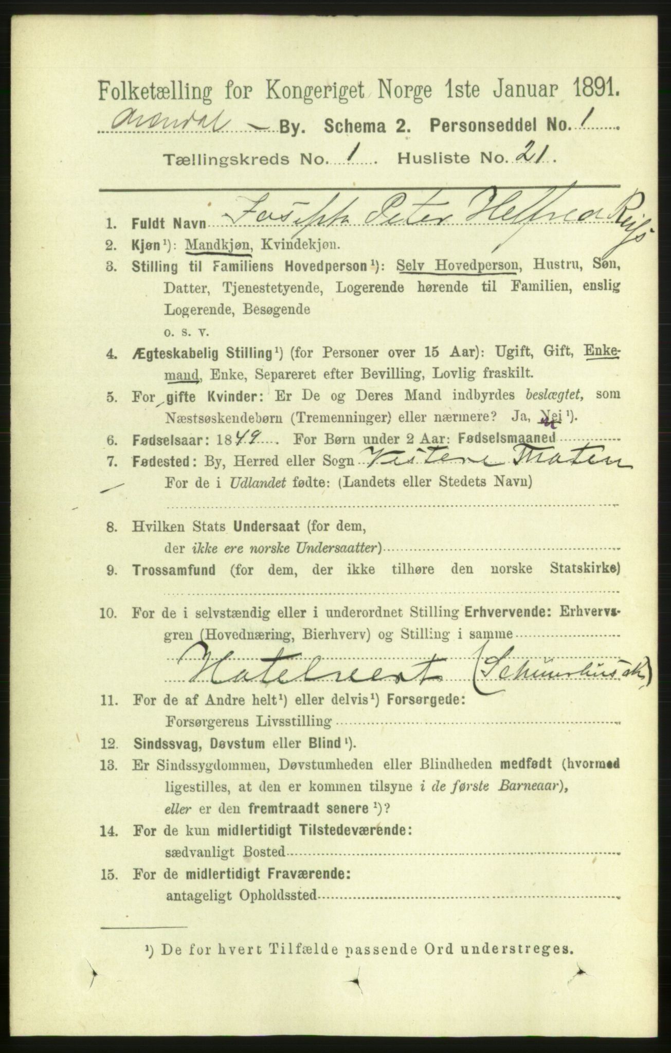 RA, 1891 census for 0903 Arendal, 1891, p. 1211