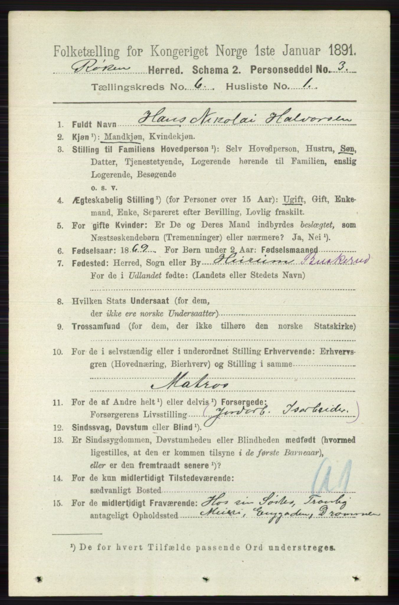 RA, 1891 census for 0627 Røyken, 1891, p. 3641