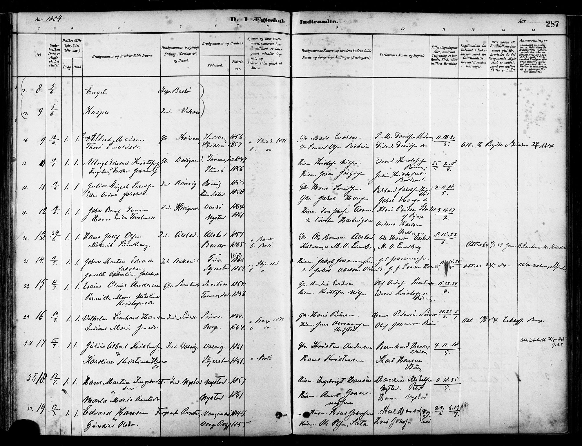 Ministerialprotokoller, klokkerbøker og fødselsregistre - Nordland, SAT/A-1459/802/L0054: Parish register (official) no. 802A01, 1879-1893, p. 287