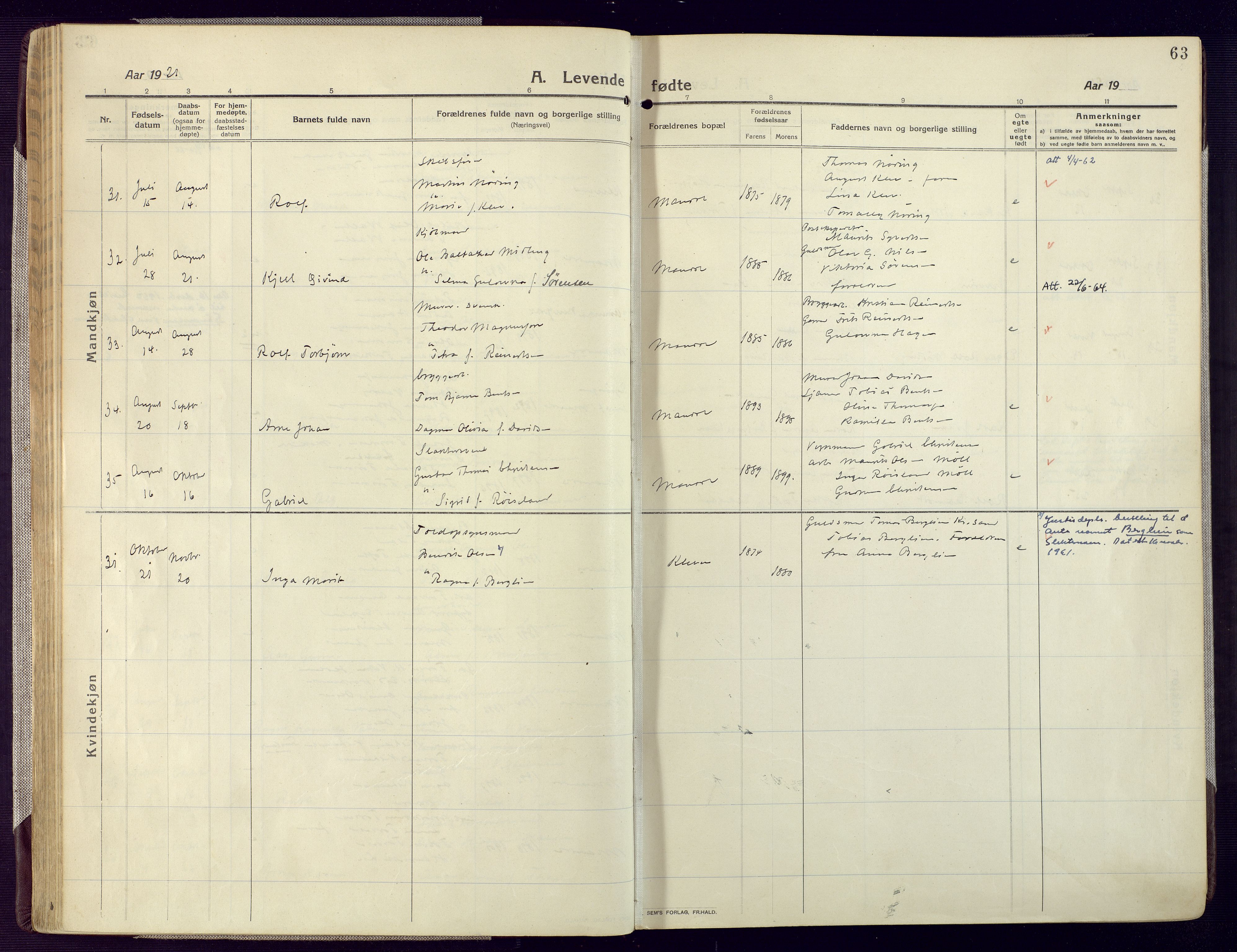 Mandal sokneprestkontor, AV/SAK-1111-0030/F/Fa/Fac/L0001: Parish register (official) no. A 1, 1913-1925, p. 63