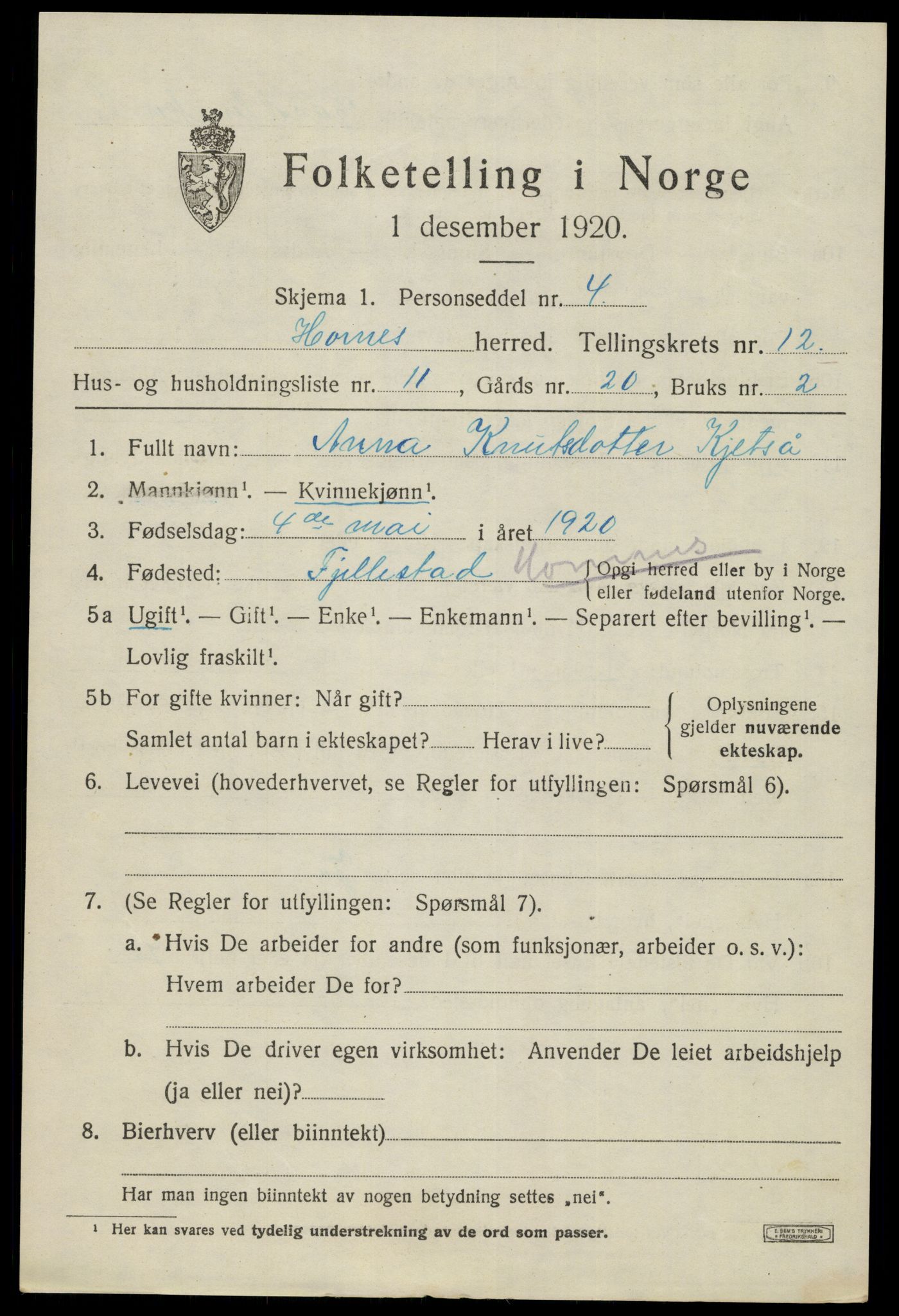 SAK, 1920 census for Hornnes, 1920, p. 3013