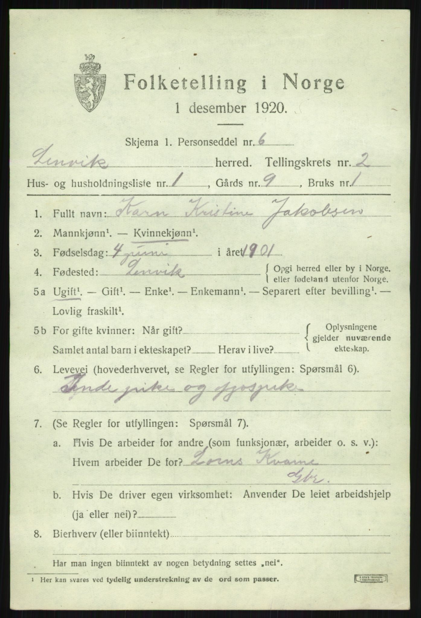 SATØ, 1920 census for Lenvik, 1920, p. 3104