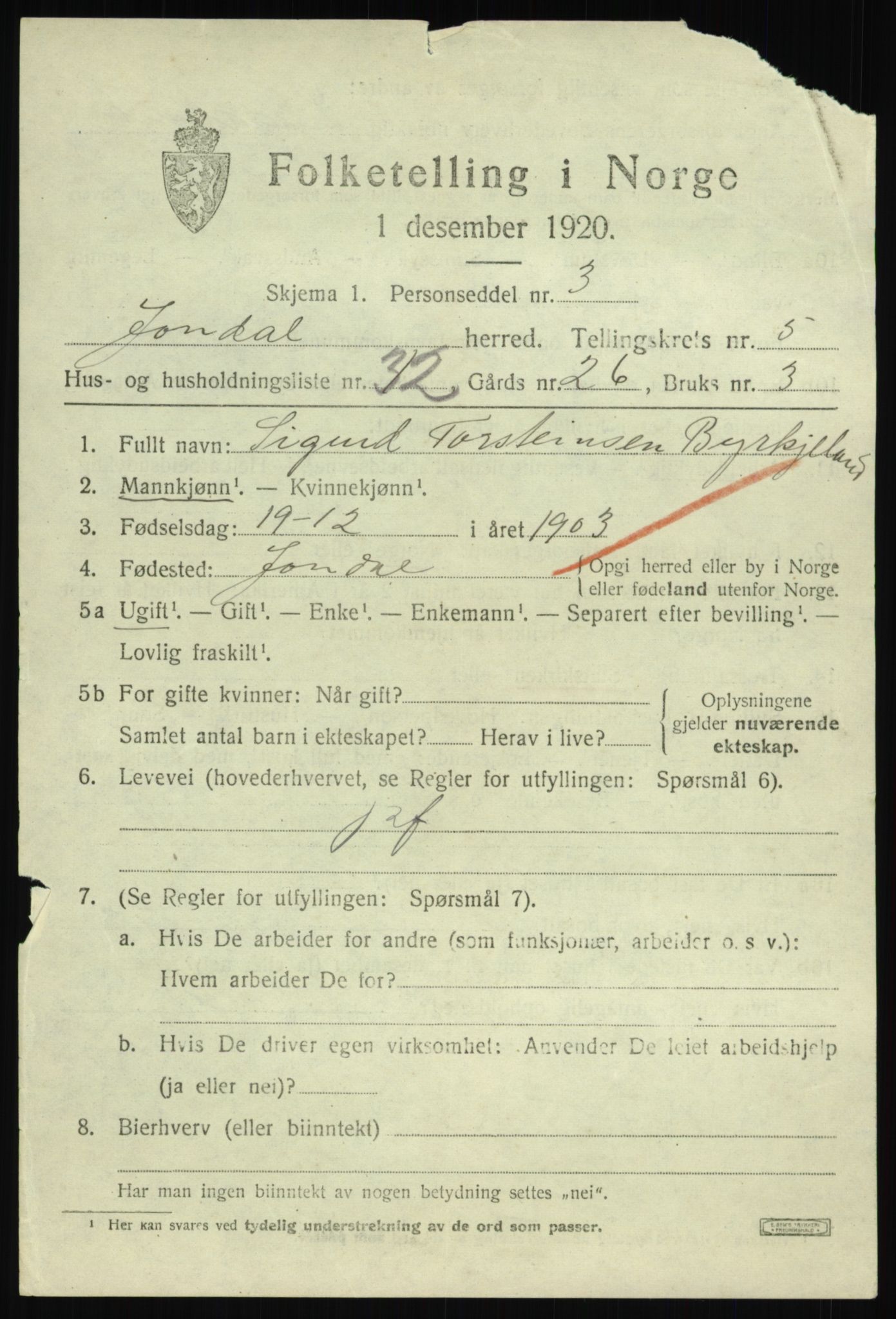 SAB, 1920 census for Jondal, 1920, p. 2846