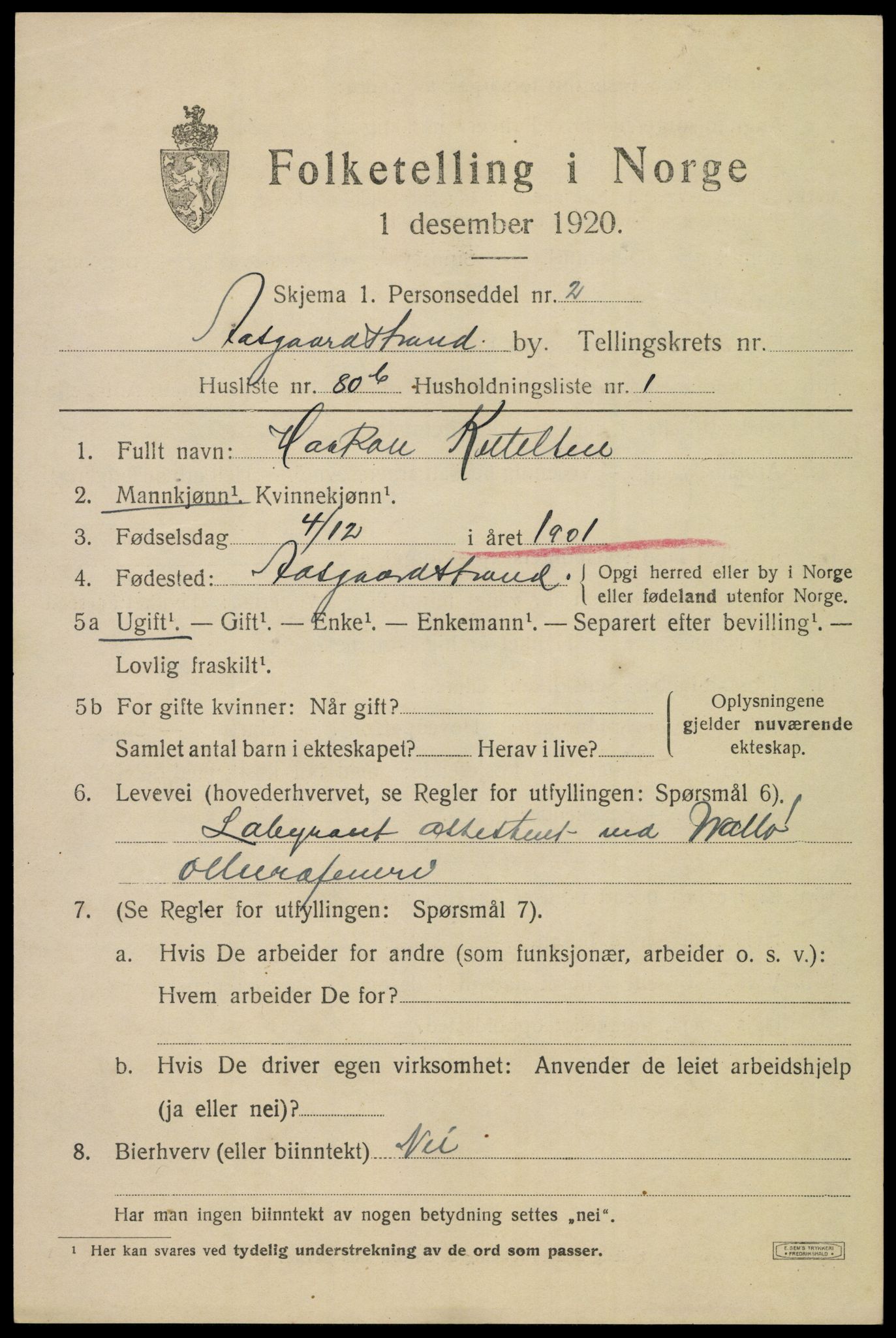SAKO, 1920 census for Åsgårdstrand, 1920, p. 1213