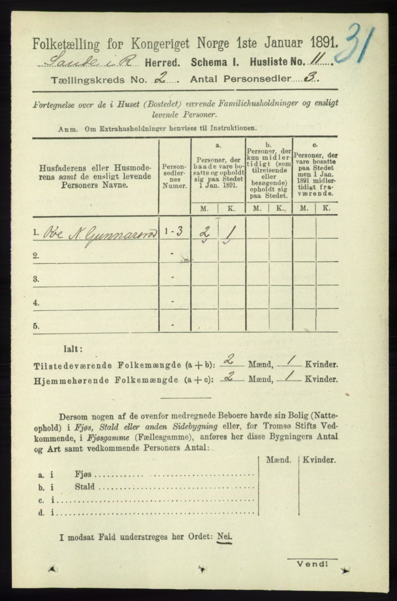 RA, 1891 census for 1135 Sauda, 1891, p. 534