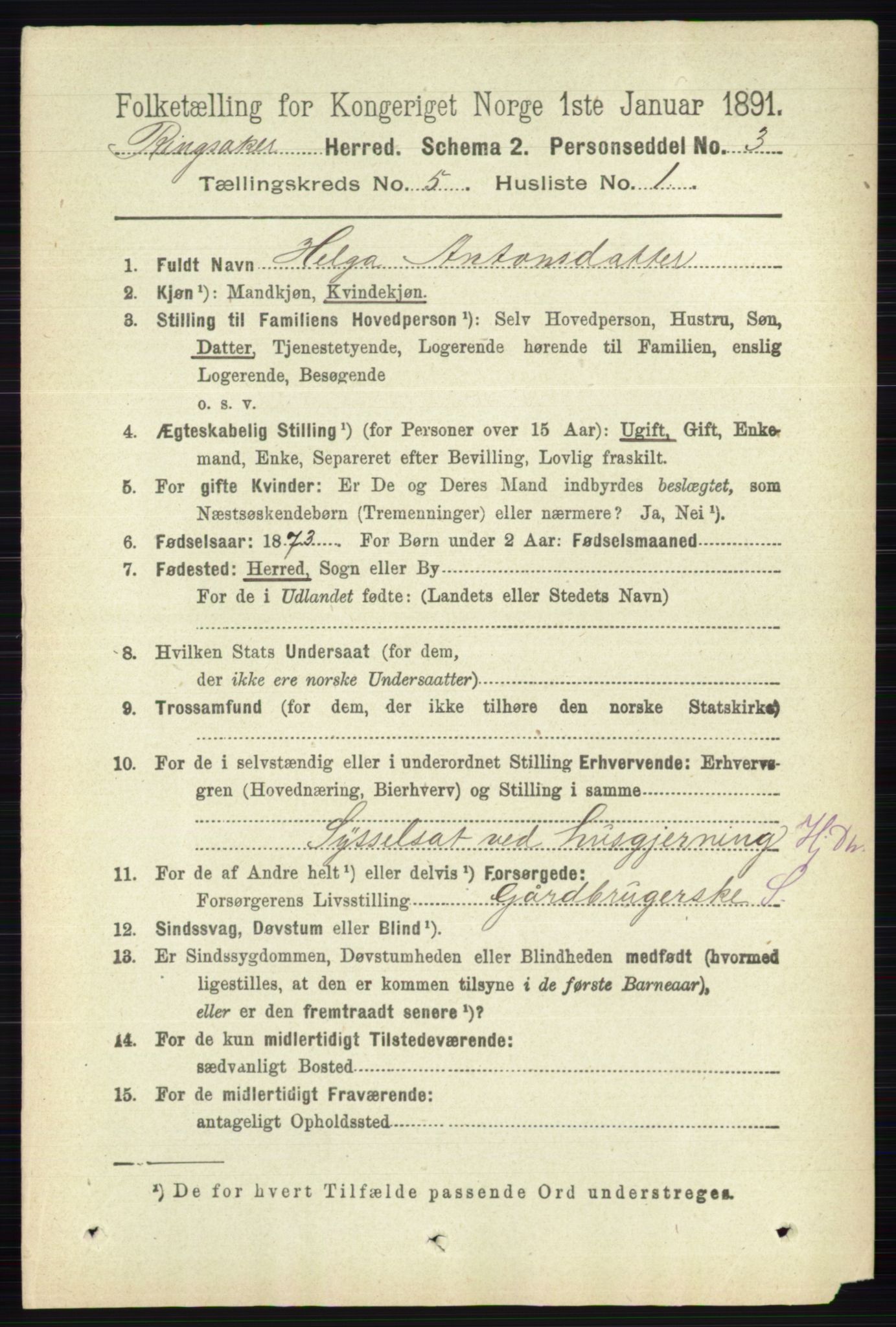 RA, 1891 census for 0412 Ringsaker, 1891, p. 2421