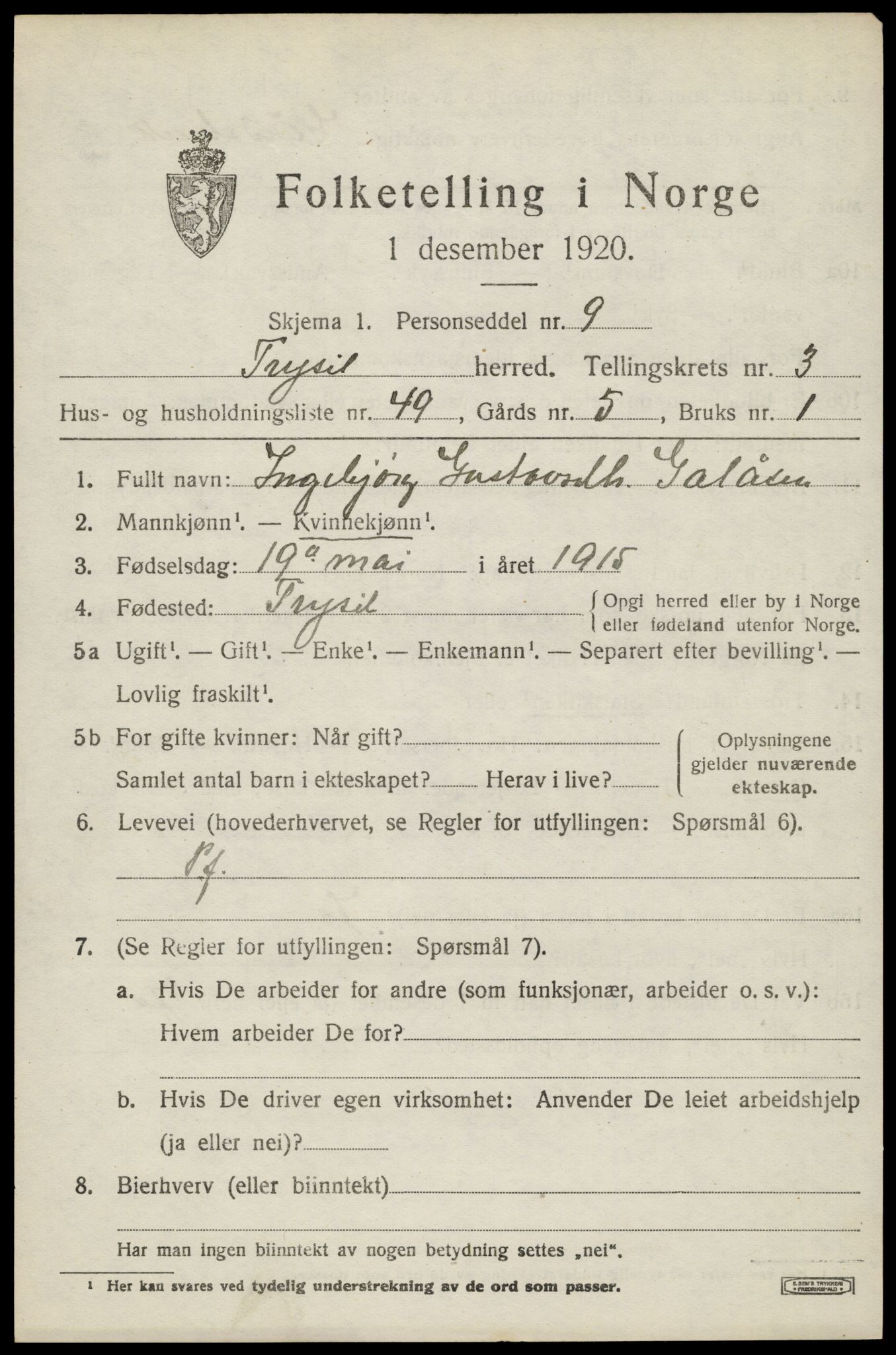SAH, 1920 census for Trysil, 1920, p. 4059