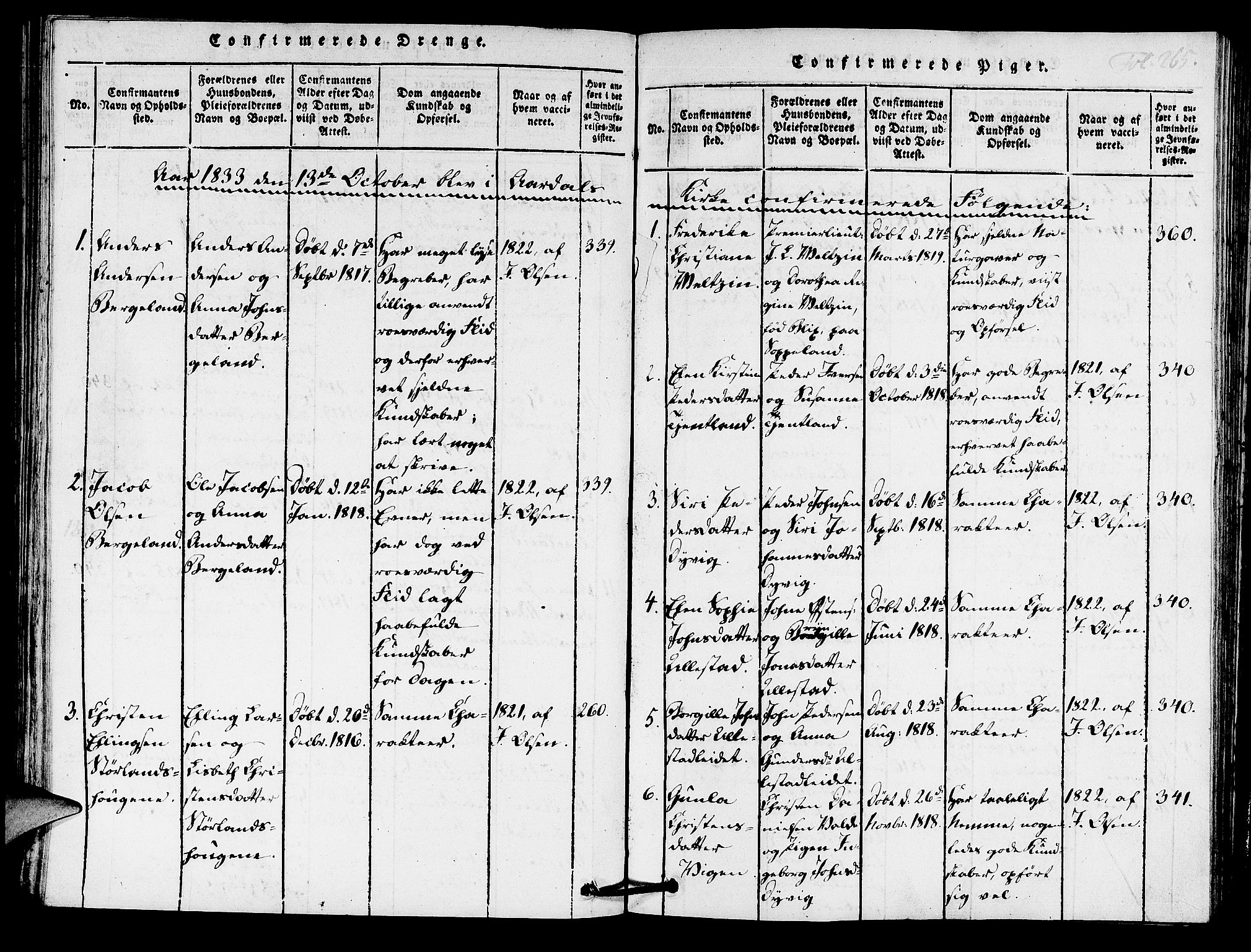 Hjelmeland sokneprestkontor, AV/SAST-A-101843/01/IV/L0005: Parish register (official) no. A 5, 1816-1841, p. 265