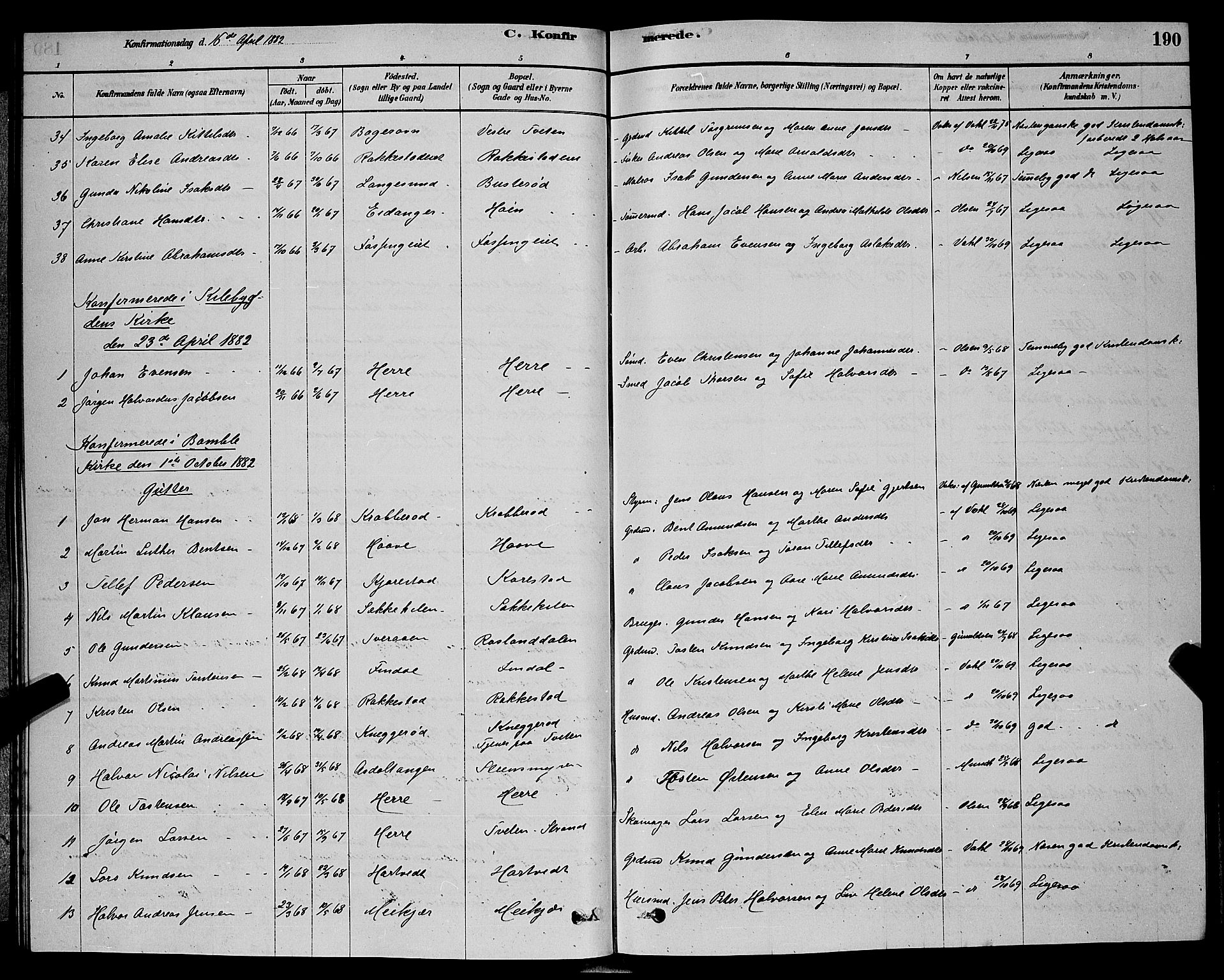 Bamble kirkebøker, AV/SAKO-A-253/G/Ga/L0008: Parish register (copy) no. I 8, 1878-1888, p. 190