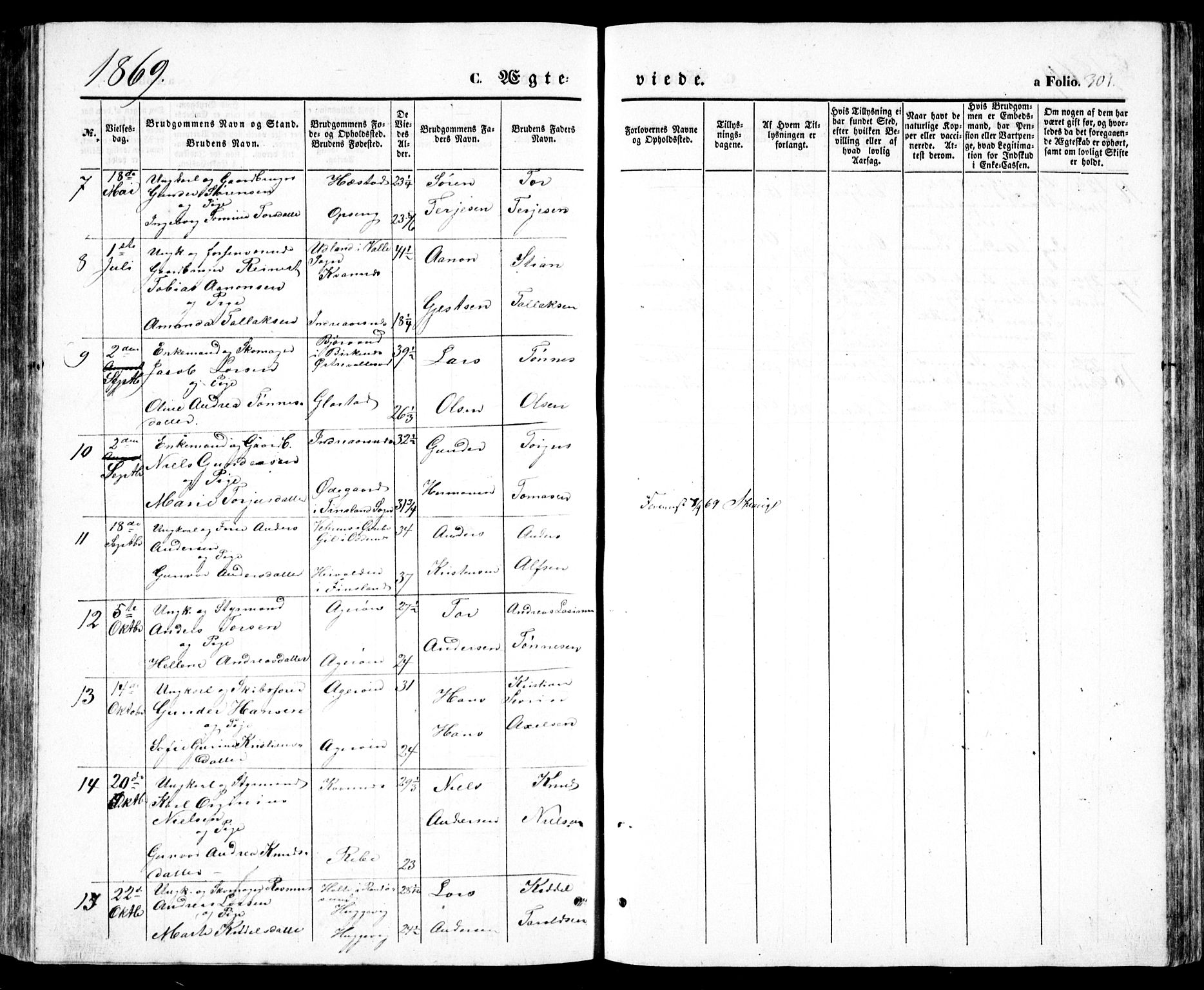 Høvåg sokneprestkontor, SAK/1111-0025/F/Fb/L0002: Parish register (copy) no. B 2, 1847-1869, p. 301