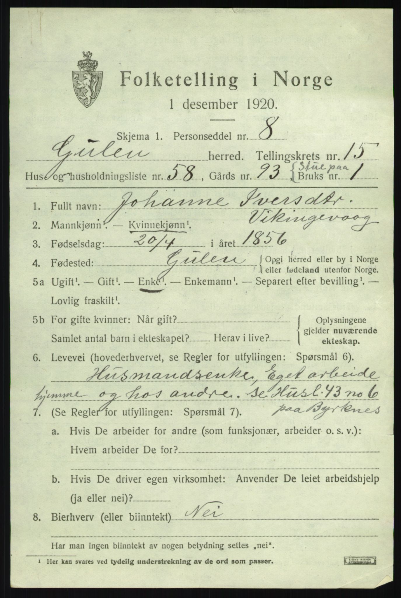 SAB, 1920 census for Gulen, 1920, p. 7163