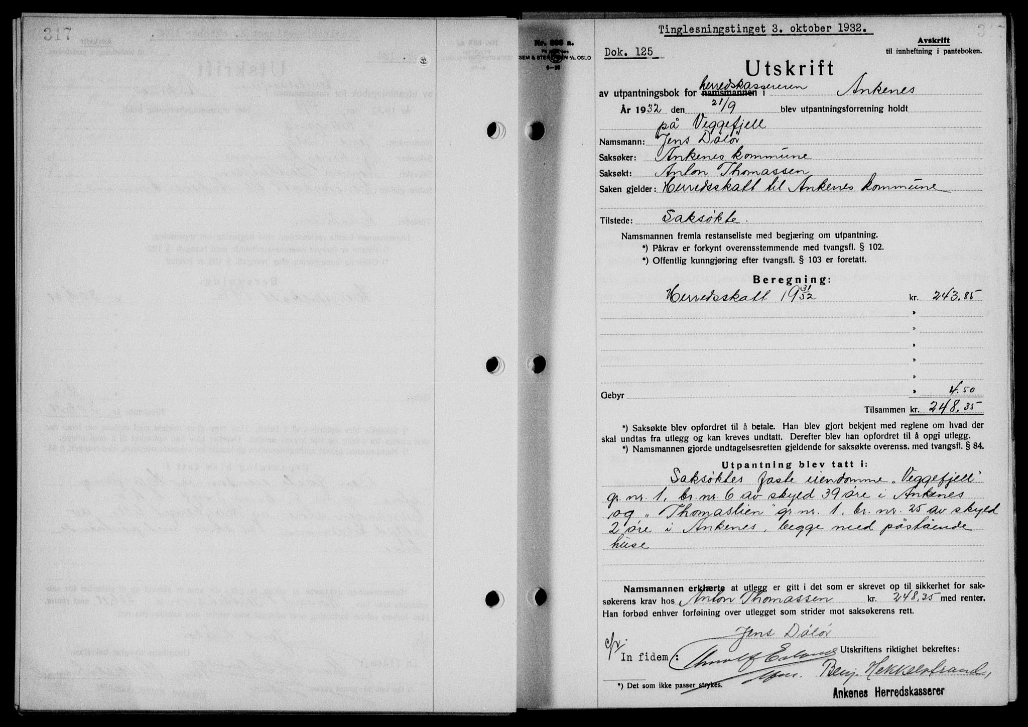 Steigen og Ofoten sorenskriveri, AV/SAT-A-0030/1/2/2C/L0022/0001: Mortgage book no. 25-II og 26-I, 1932-1933, Deed date: 03.10.1932